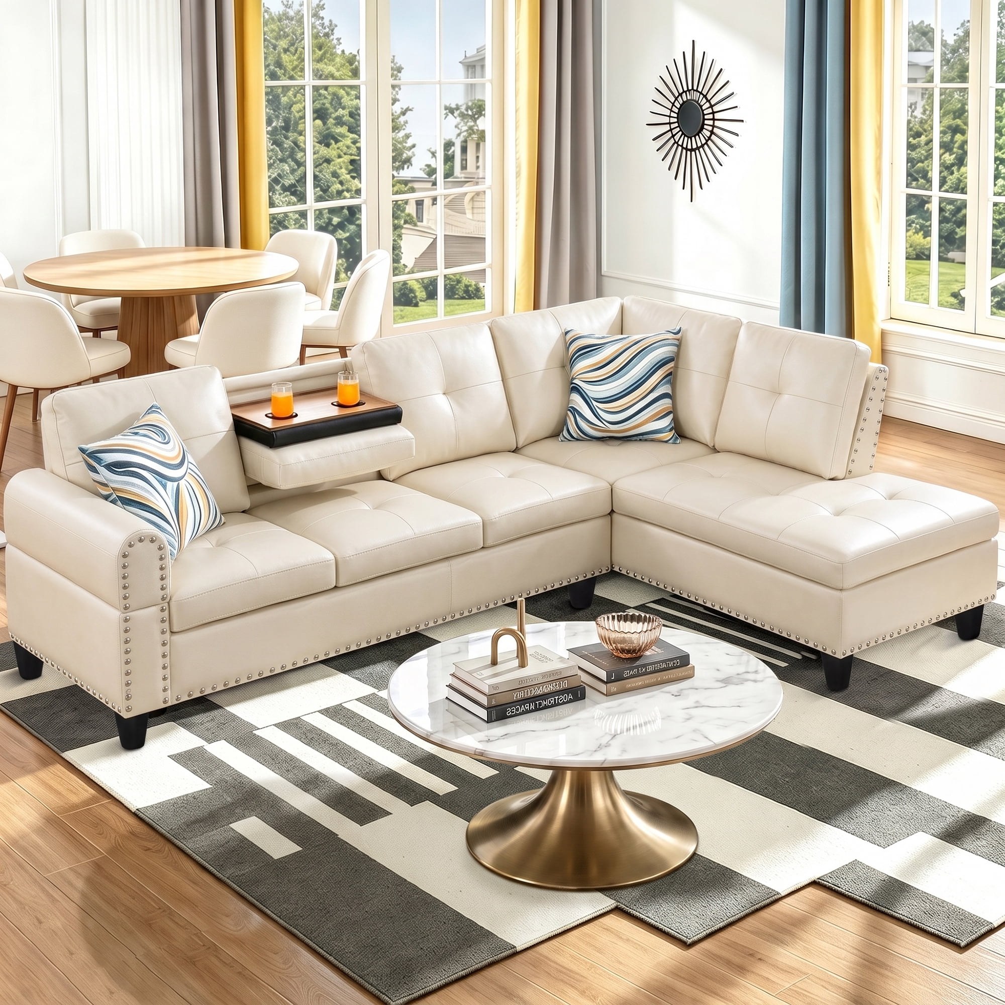 Aukfa 98" L Shaped Sectional Couch with Cup Holder Console, Tufted Back&Nailhead Trim, Oversized Right Chaise Leather Sofa for Living Room, White