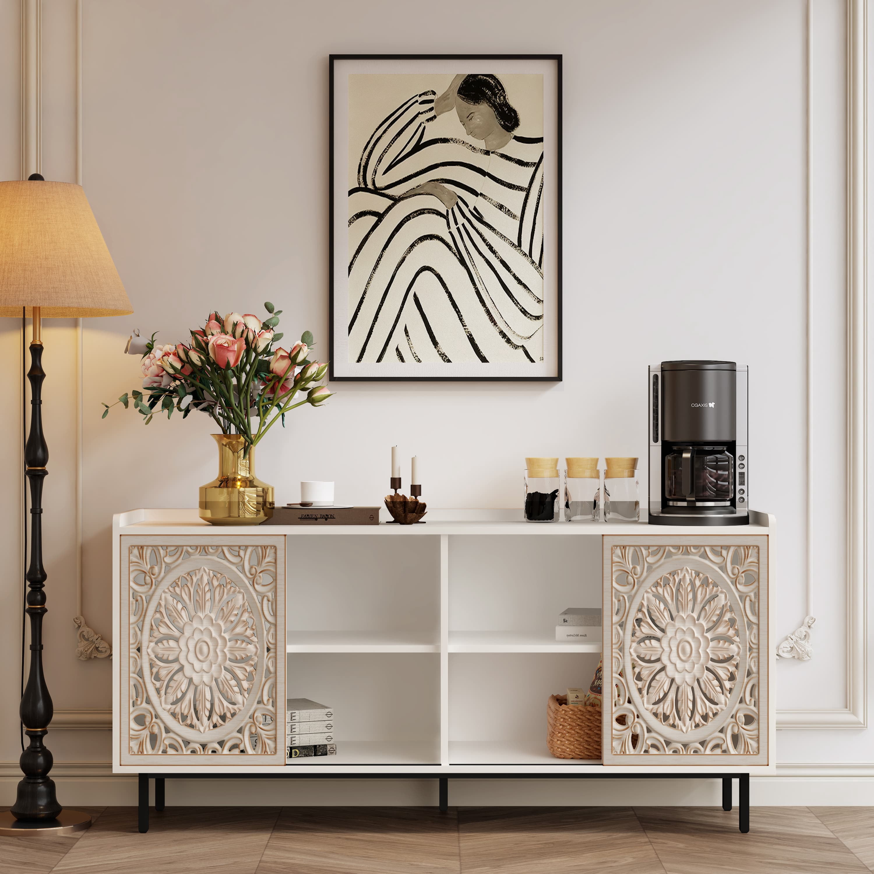 Aukfa Accent Cabinet with Carved Wood Design, Buffet Sideboard & TV Stand for Living Room, Dining Room,White