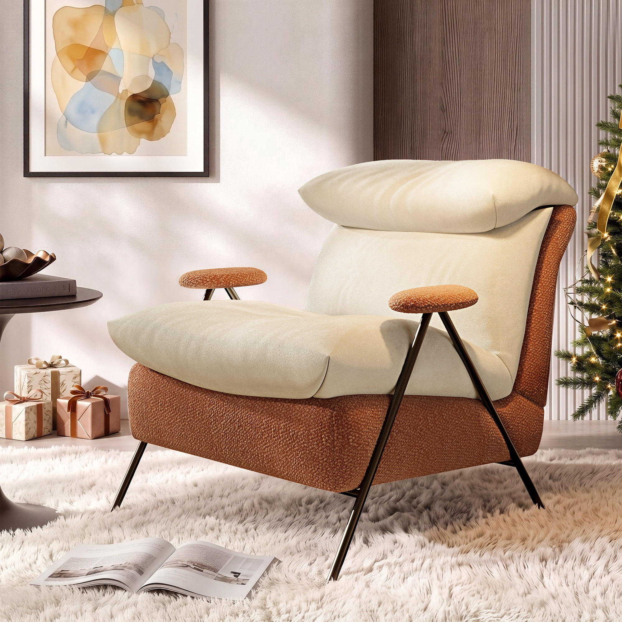 Aukfa Accent Chair, Modern Fabric Armchair with Thick Padded Seat and Back for Living Room & Bedroom, Beige