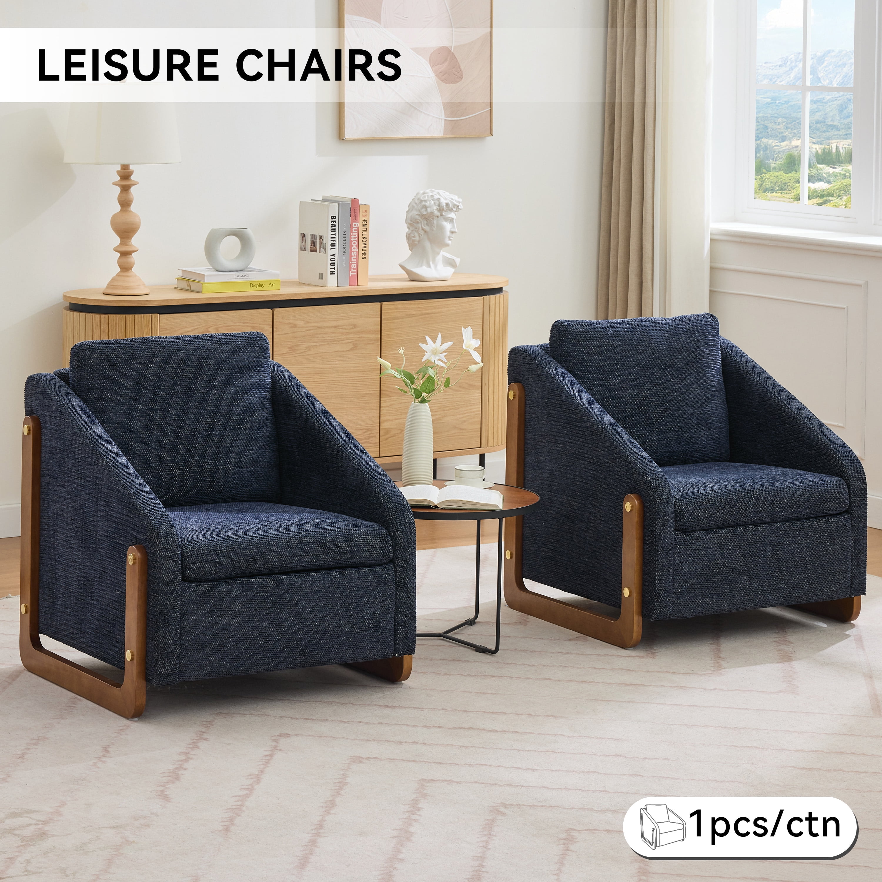 Aukfa Accent Chair Set for 2, Plush Chenille Modern Arm Chair with Naihead Trim, Blue