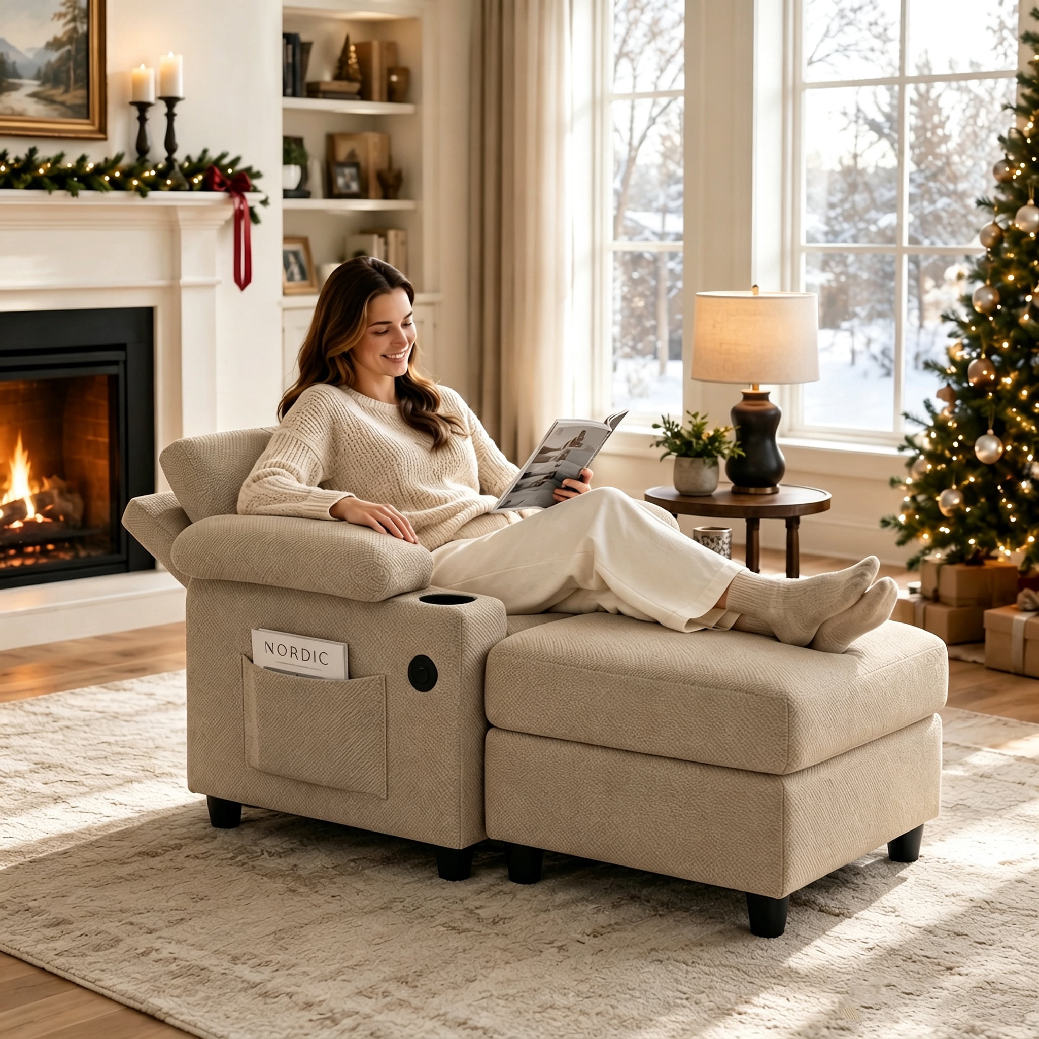 Aukfa Accent Chair with Storage Ottoman & Cup Holders, Convertible Sleeper Recliner Lounge Chair with Adjustable Backrest, USB-C Port & Side Pocket, Camel