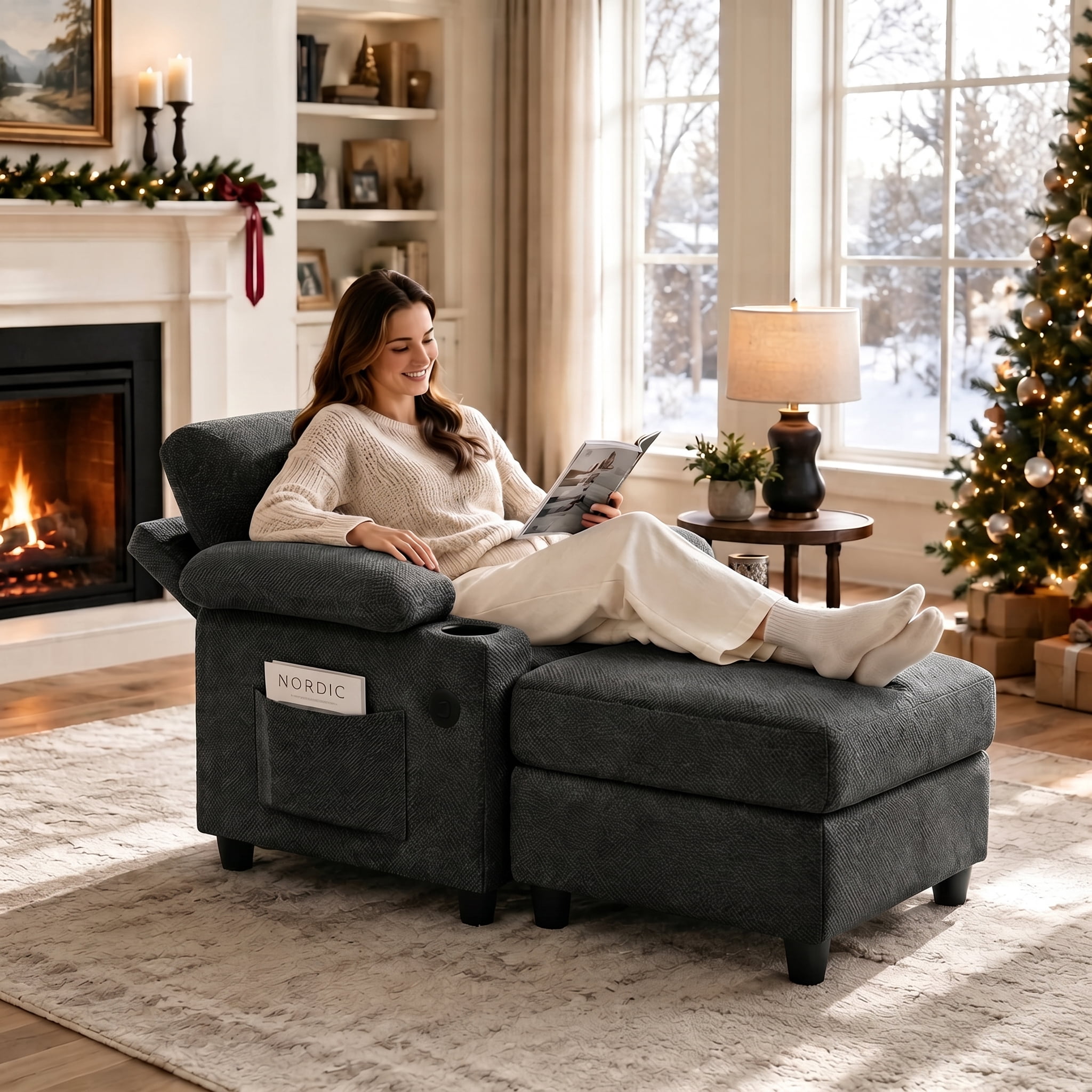 Aukfa Accent Chair with Storage Ottoman & Cup Holders, Convertible Sleeper Recliner Lounge Chair with Adjustable Backrest, USB-C Port & Side Pocket, Dark Gray