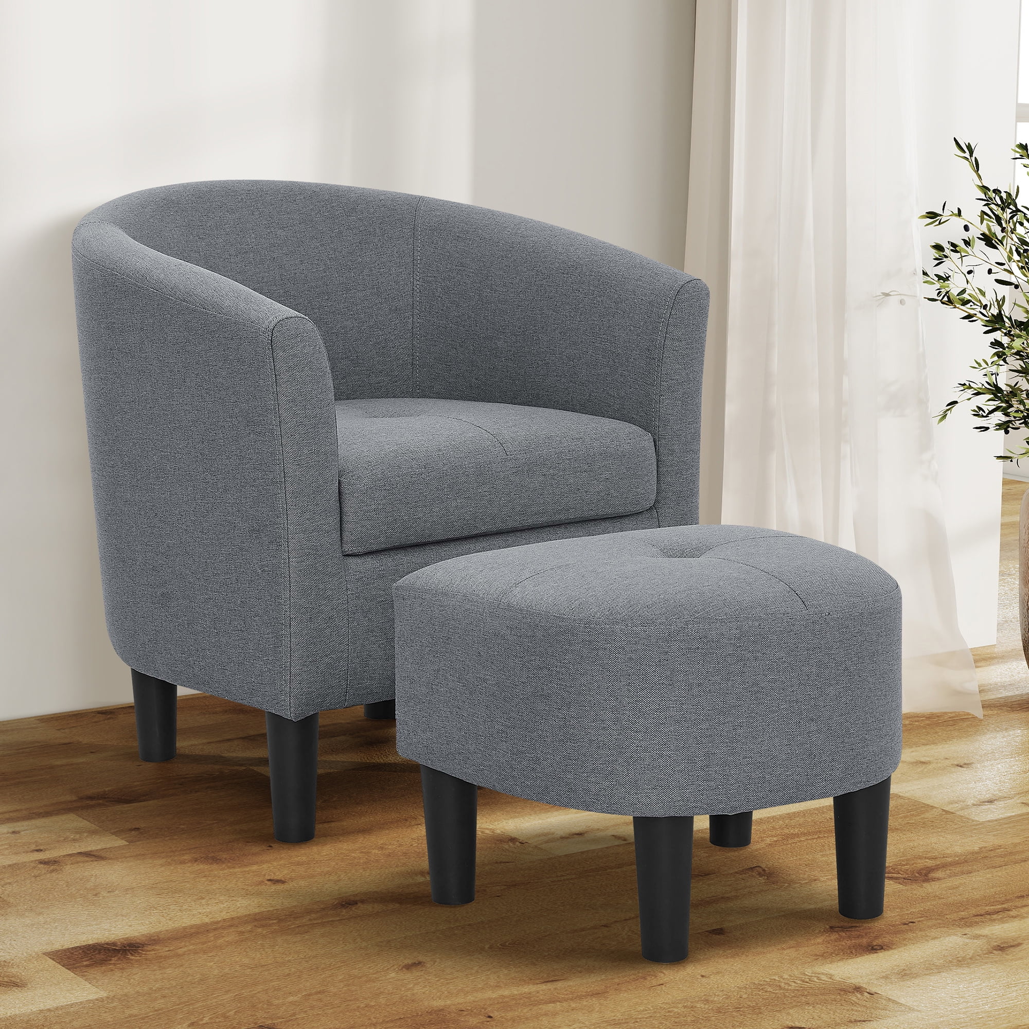 Aukfa Barrel Accent Chair with Ottoman & Arms, Modern Upholstered Chair for Bedroom/ Living Room, Gray