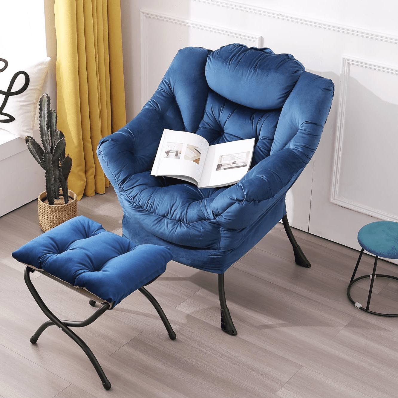 Aukfa Accent Chair with Ottoman,Lazy Lounge Chair with Arm,Side Pocket for Living Room, Blue