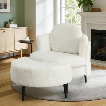 Aukfa 33" Accent Barrel Chair with Ottoman for Living Room Bedroom, Teddy Fleece, Beige