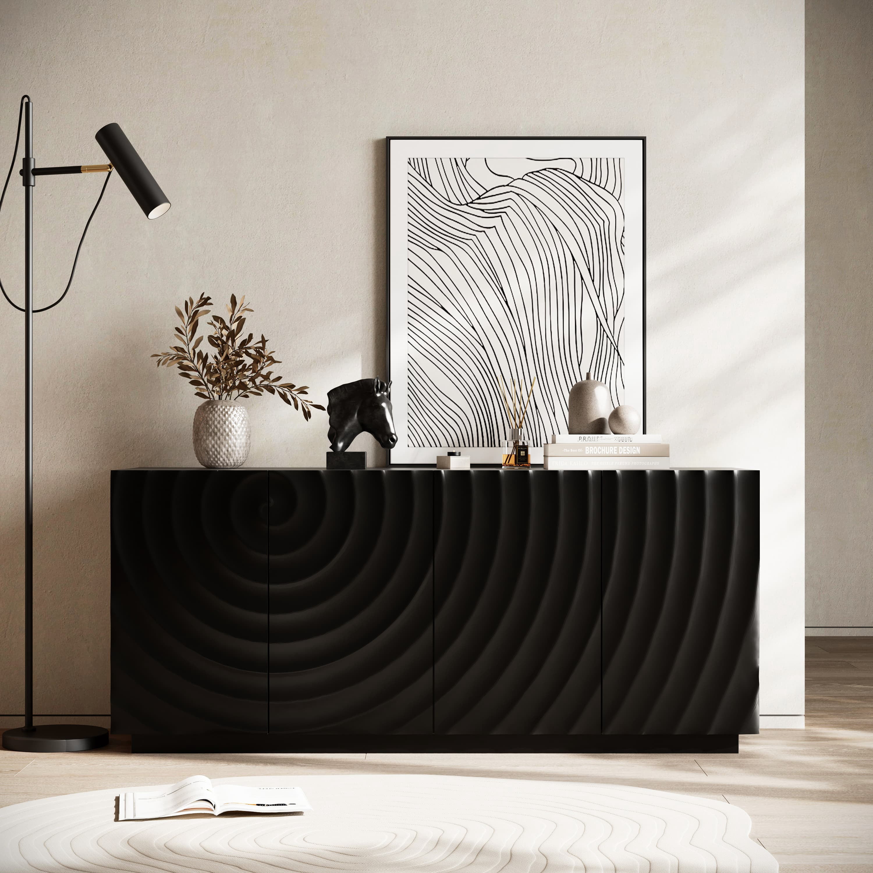 Aukfa Accent Sideboard Buffet Cabinet,Accent Storage Credenza with Ripple Door for Dining & Living Space,Walnut