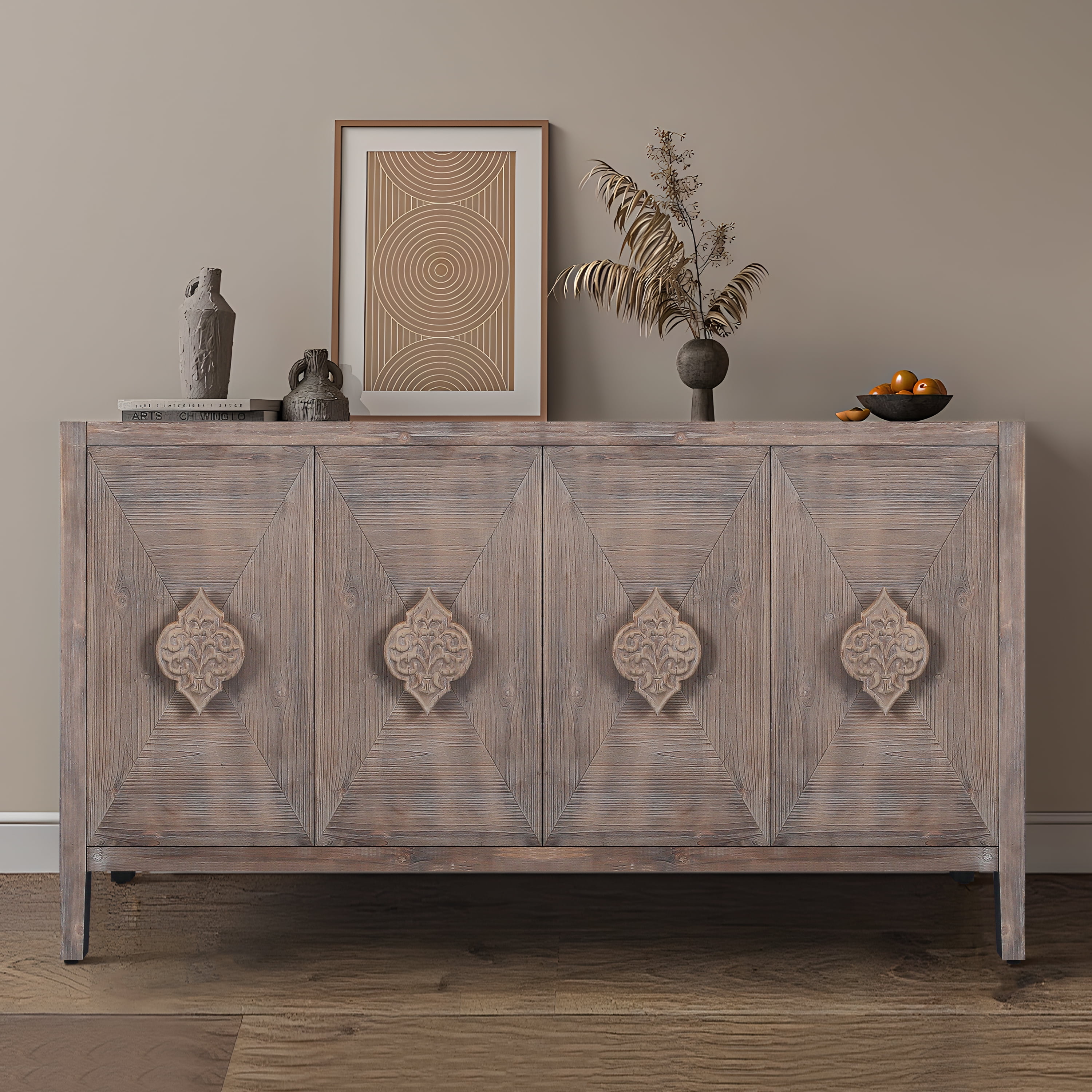 Antique Brown Carved Wood Four-Door Sideboard
