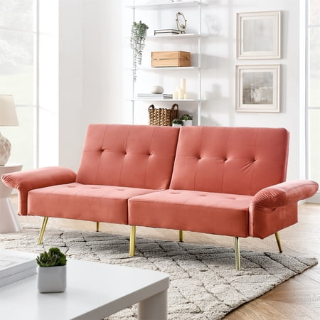 Aukfa Adjustable Arm Futon Convertible Sofa Bed Velvet Sleeper Couch for Home Office, Pink