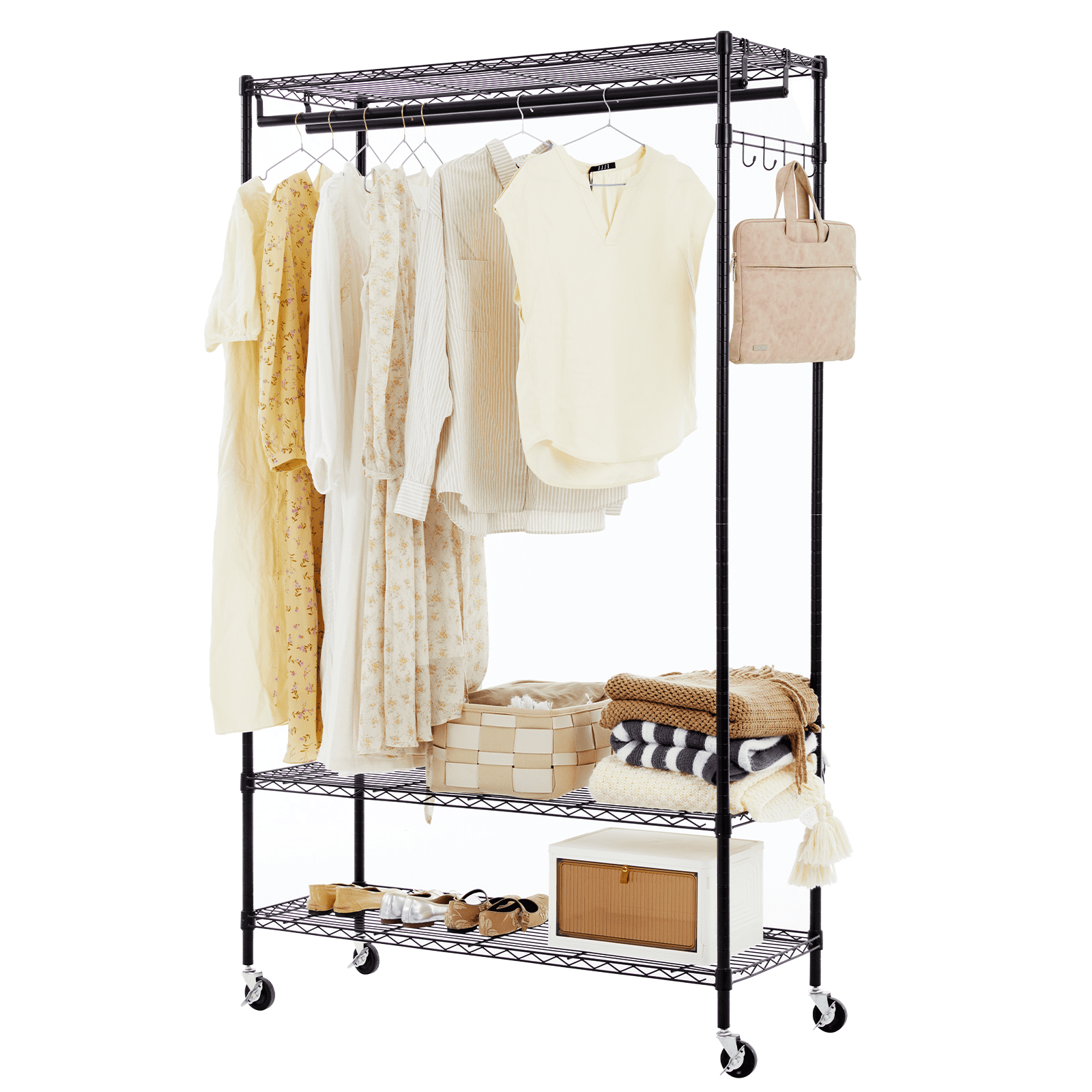 Aukfa Adjustable Rolling Clothes Rack with Bar & Shelves for Hanging Clothes,Black