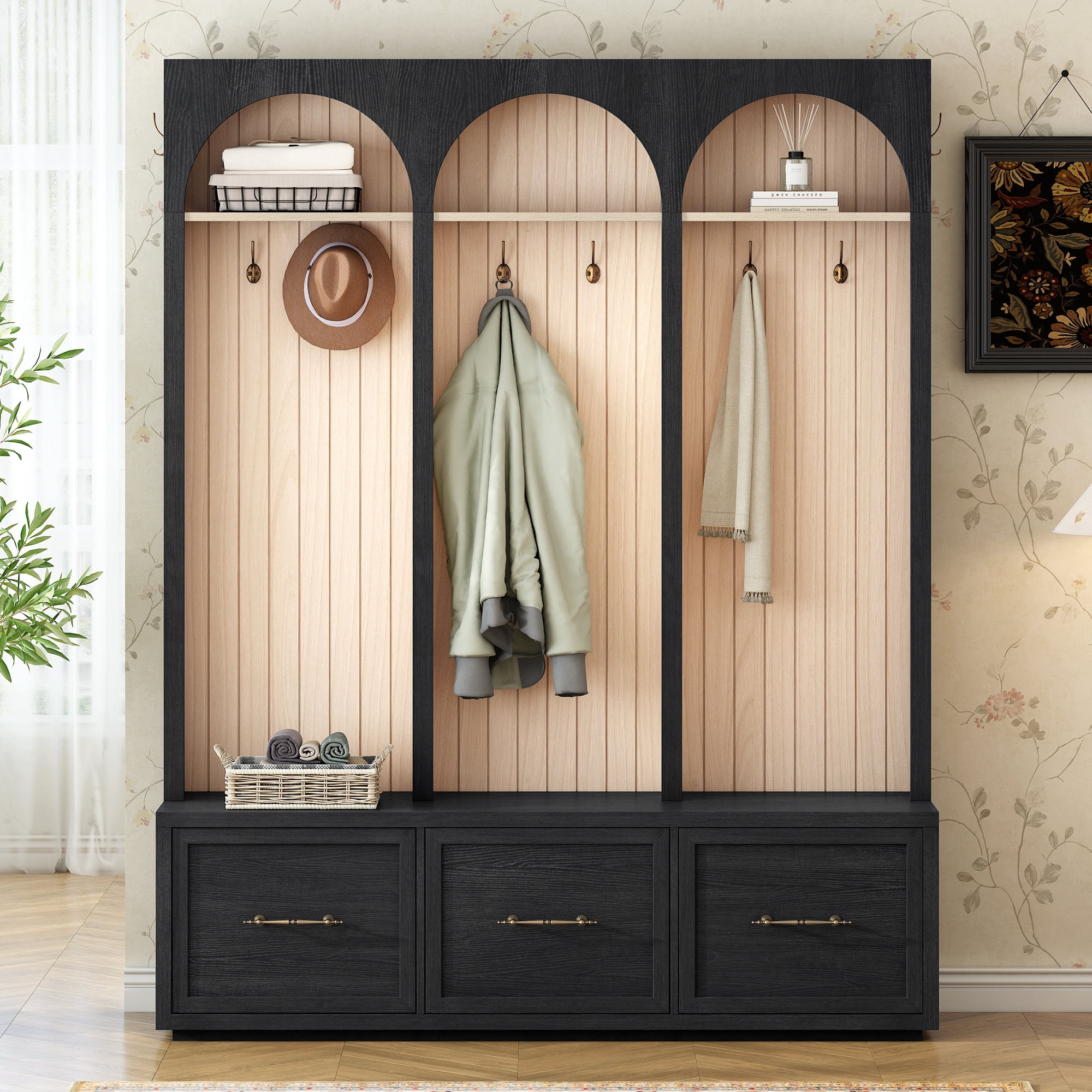 Aukfa Arched Hall Tree with Storage Bench, Shoe Cabinet & Entryway Organizer for Mudroom, Living Room, Hallway, Black