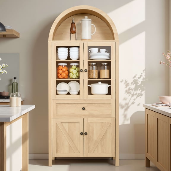 Aukfa Arched Tall Kitchen Pantry, Retro Wood Storage Cabinet with Bookshelf & Sideboard,Natural