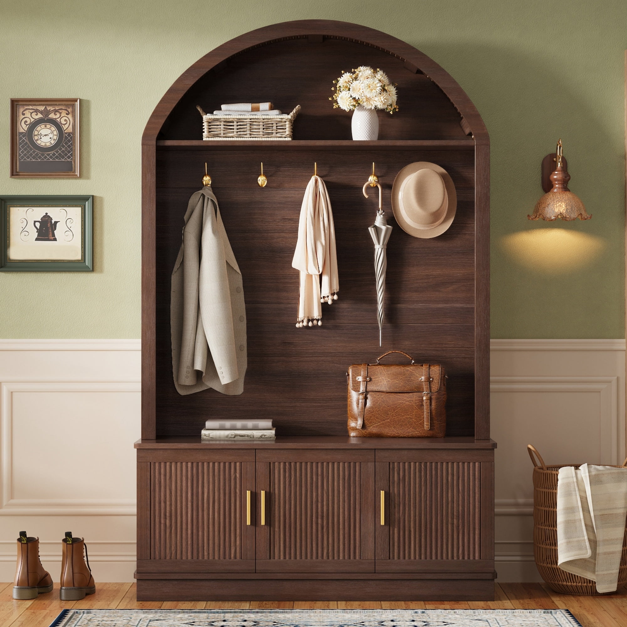 Aukfa Arched Wood Hall Tree,3-in-1 Entryway Organizer Cabinet with Fluted Storage Bench & Coat Rack,Walnut