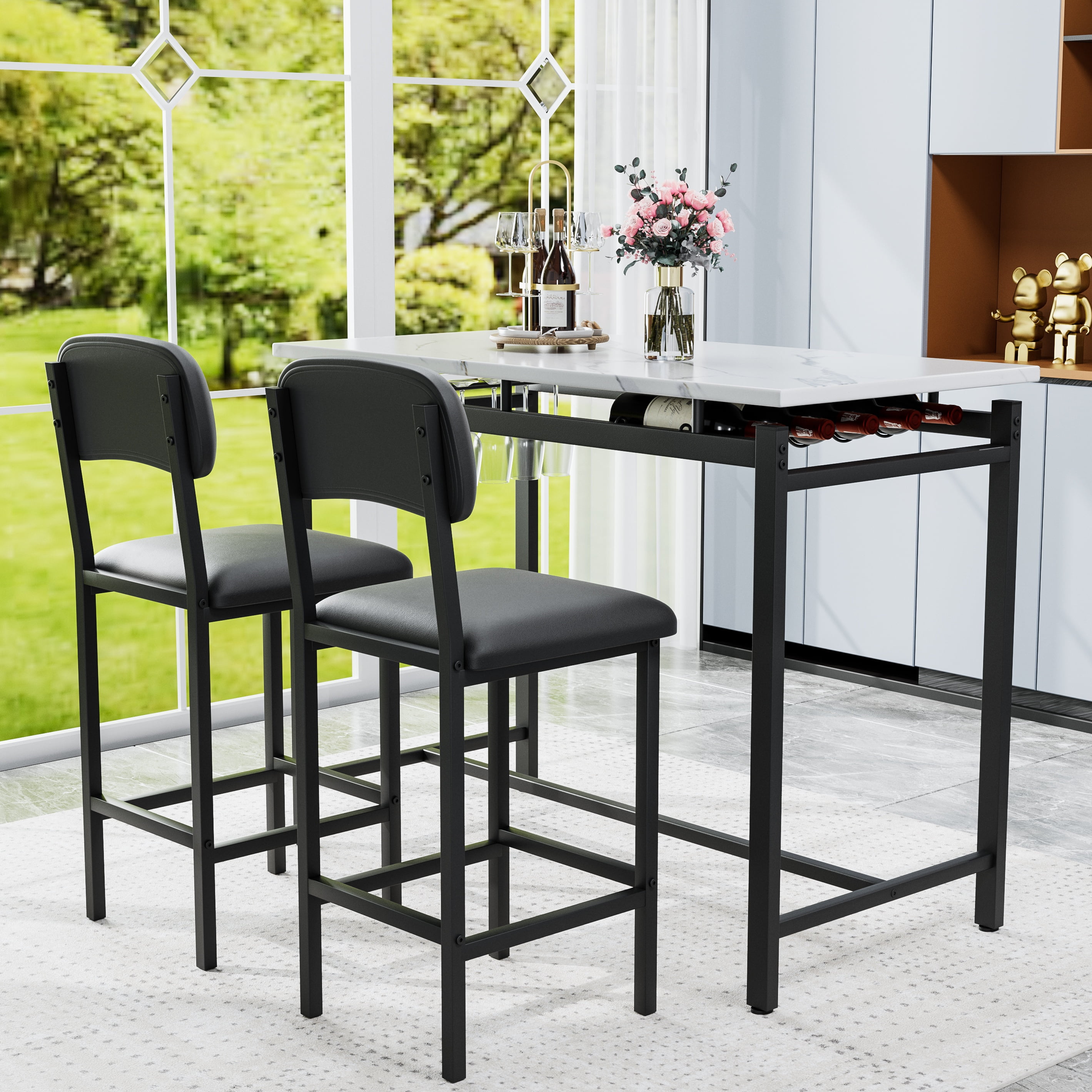 Aukfa Bar Dining Table Set&nbsp;for 2, Kitchen Table Set w/ Wine Rack &Upholstered Chairs for Small Spaces, Black