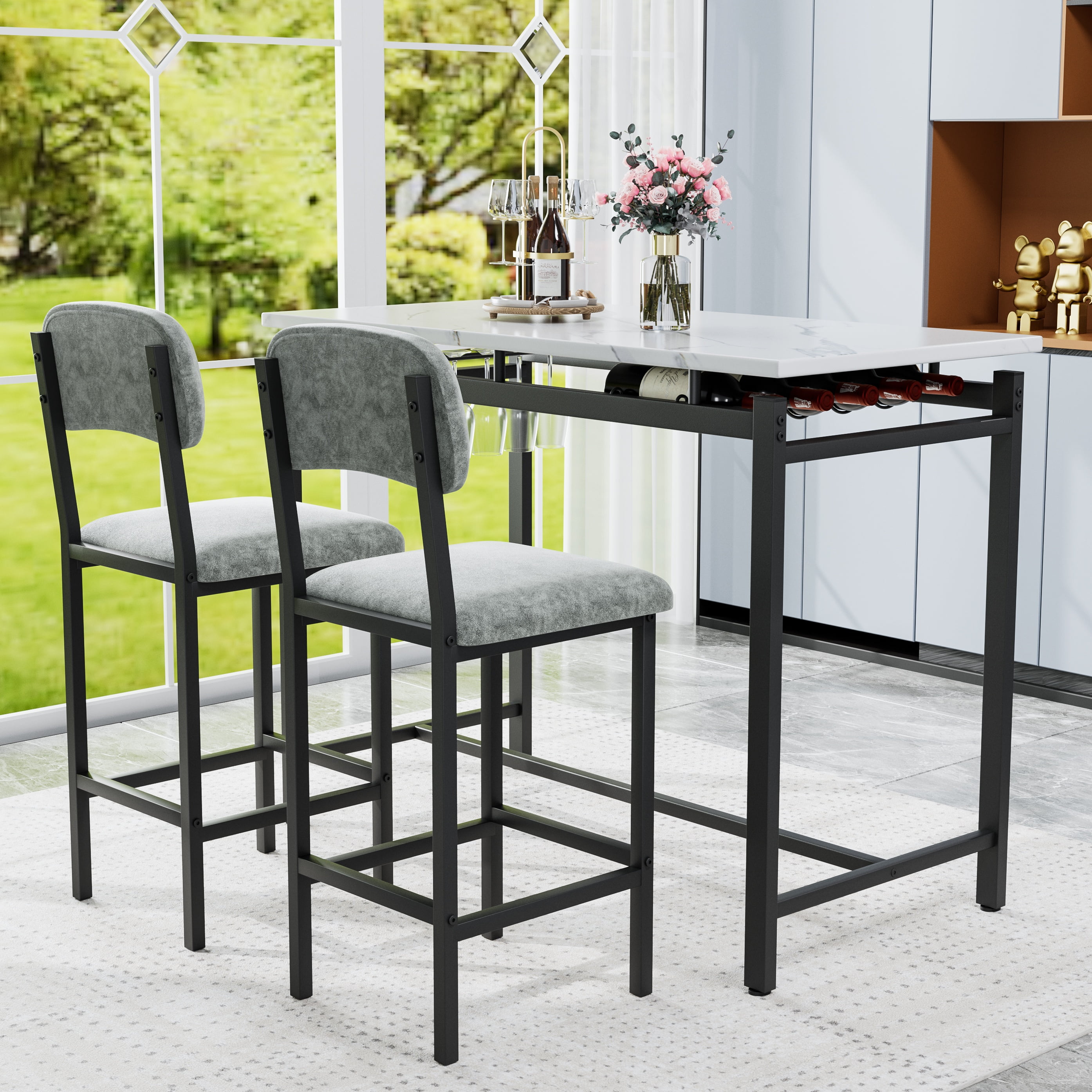 Aukfa Bar Dining Table Set&nbsp;for 2, Kitchen Table Set w/ Wine Rack &Upholstered Chairs for Small Spaces, Gray