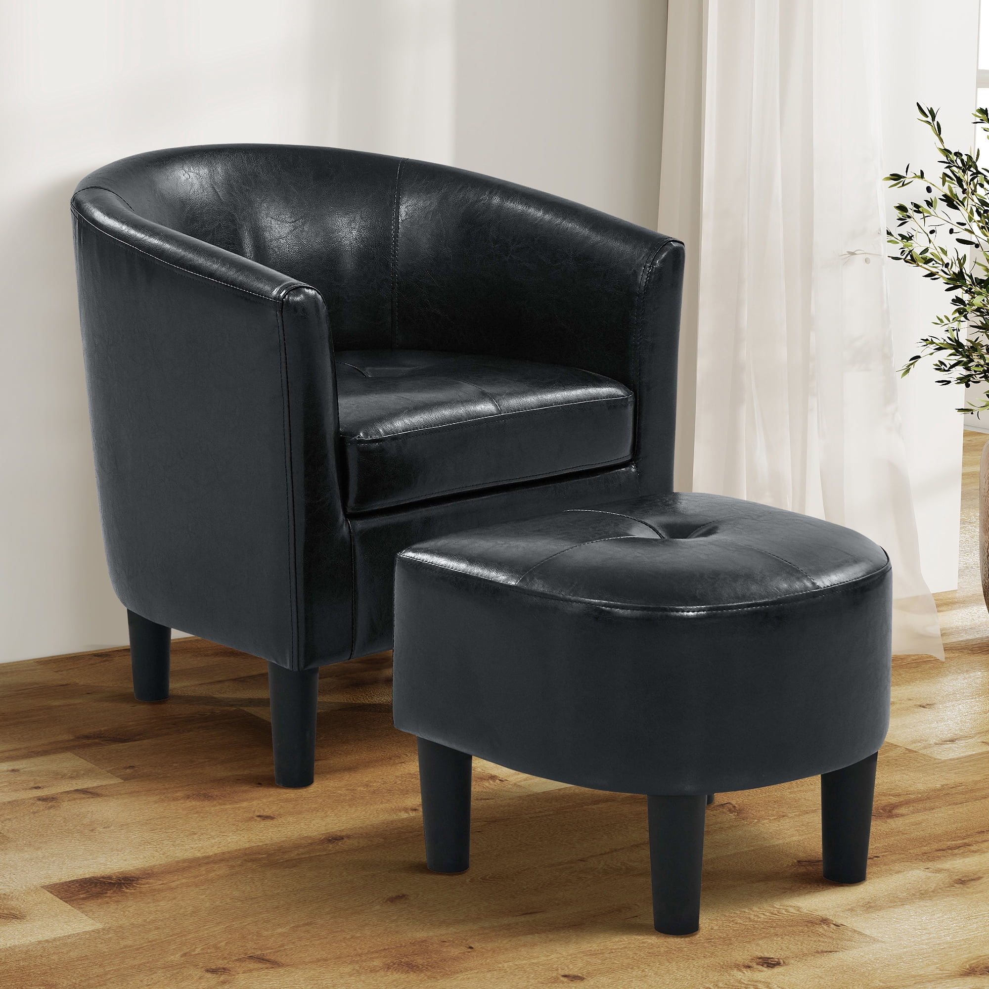 Aukfa Barrel Accent Chair with Ottoman & Arms, Modern PU Leather Upholstered Chair for Bedroom/Living Room,Black