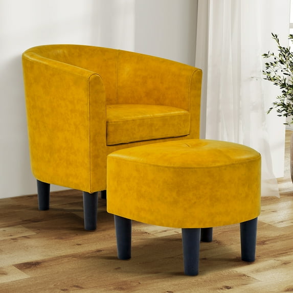 Aukfa Barrel Accent Chair with Ottoman & Arms, Modern PU Leather Upholstered Chair for Bedroom/Living Room,Yellow
