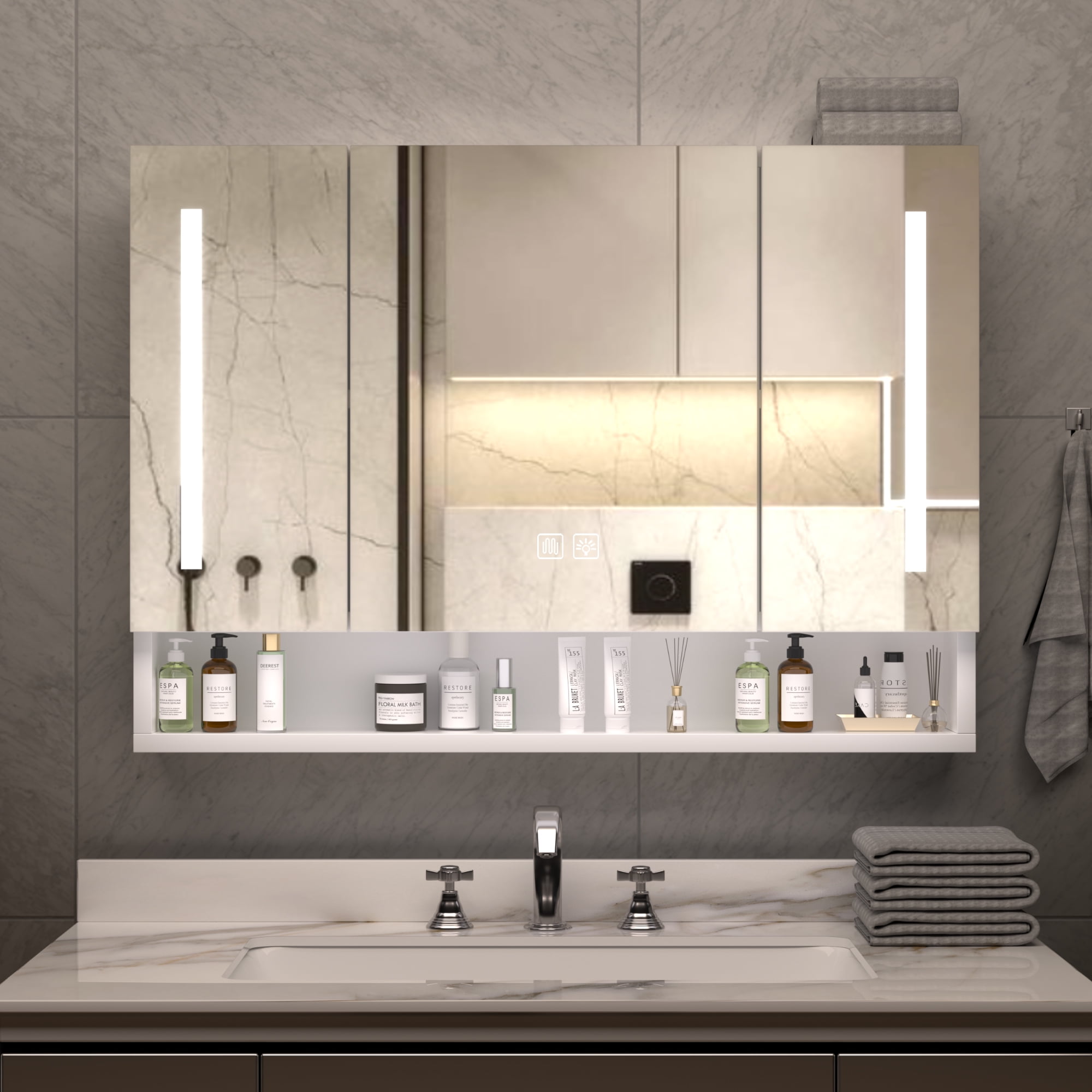 Aukfa Bathroom Medicine Cabinets Wall Cabinet with Mirrors and LED Lights,39"x28",White