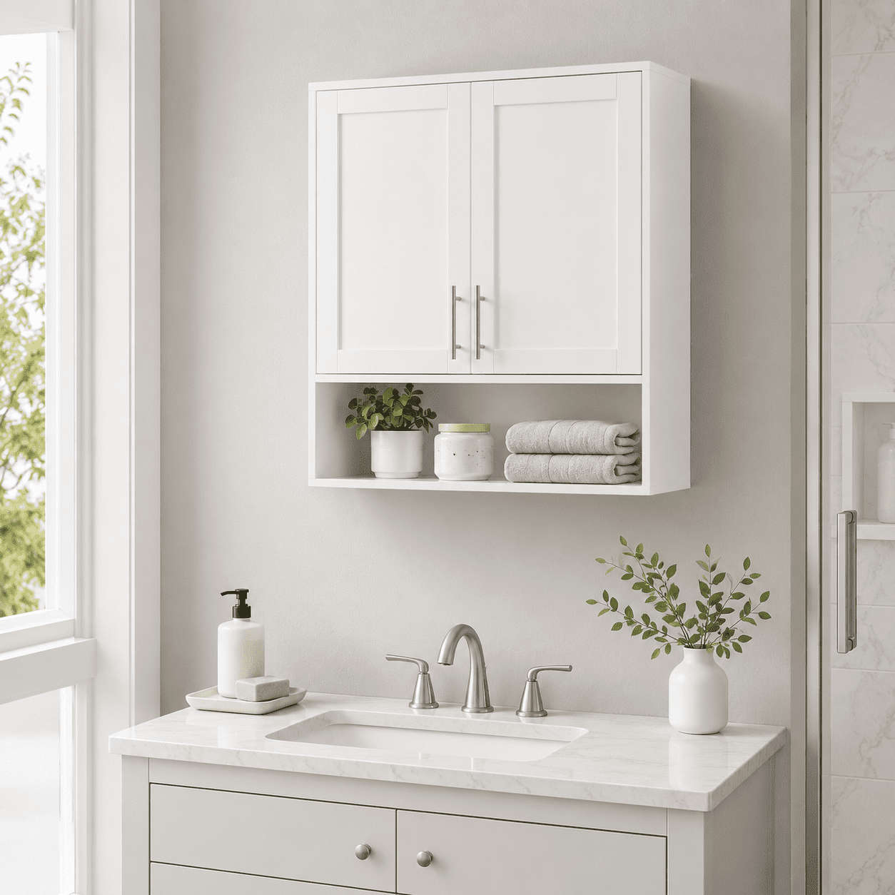 Aukfa Bathroom Wall Cabinet with Tissue Dispenser Slot, 2-Door Over the Toilet Storage Cupboard, White