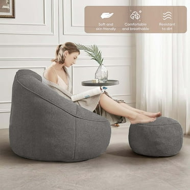 Aukfa Bean Bag Chair with Footstool, Lazy Reading Sofa Chair for Living Room/Bedroom, Gray