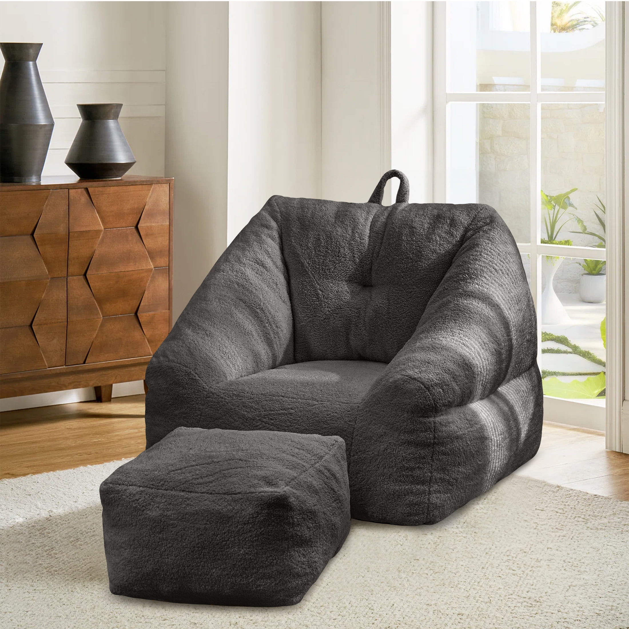 Aukfa Bean Bag Chair with Ottoman, Soft Fluffy Teddy Upholstered Pouf with Foot Rest for Living Room, Black