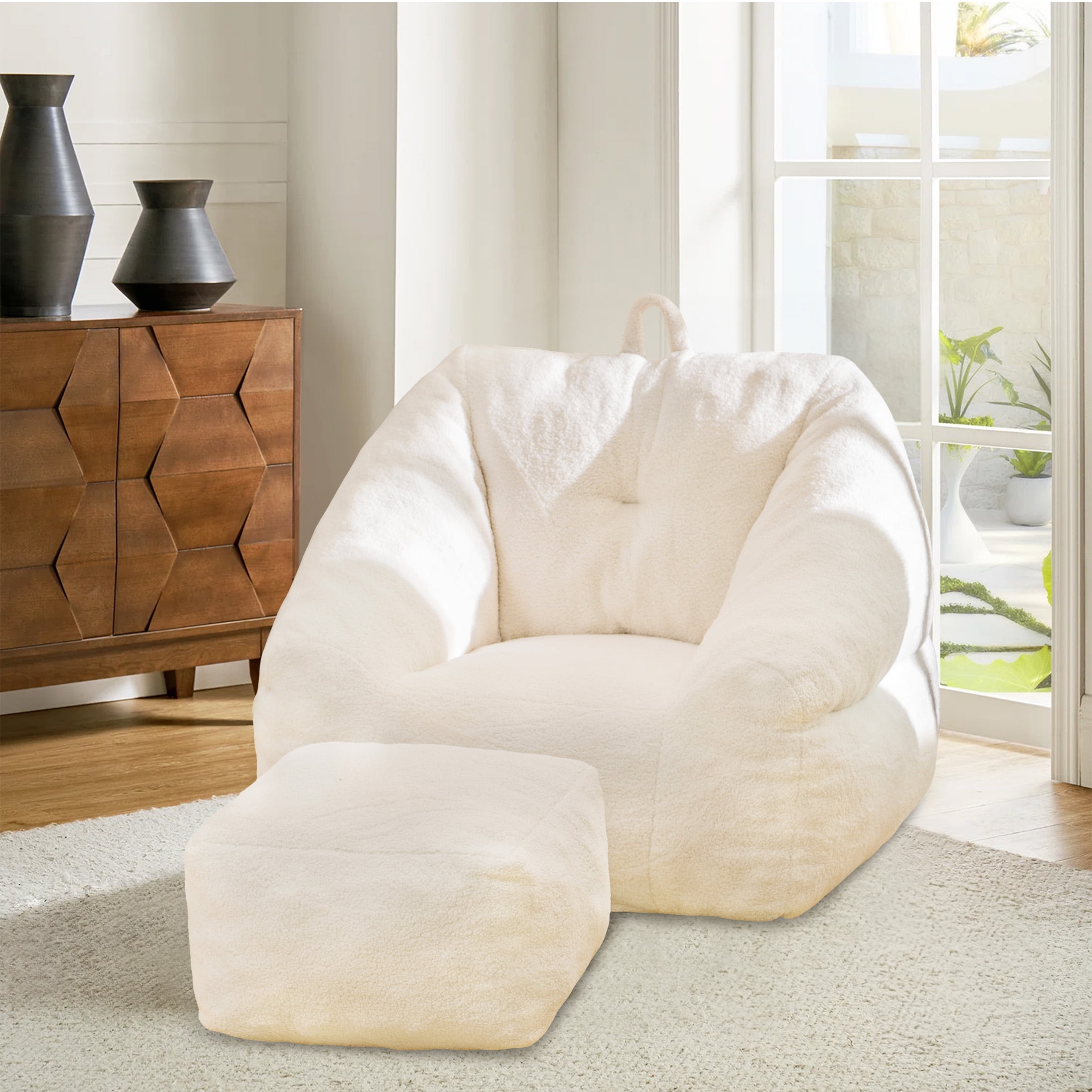 Aukfa Bean Bag Chair with Ottoman Soft Fluffy Teddy Upholstered Pouf with Foot Rest for Living Room White Size One Size