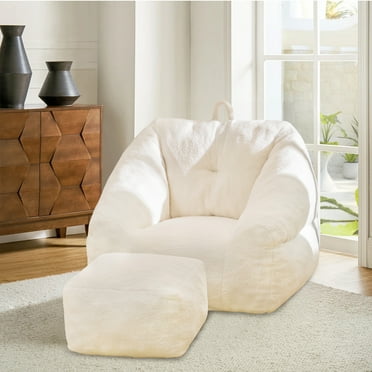 Aukfa Bean Bag Chair with Ottoman, Soft Fluffy Teddy Upholstered Pouf with Foot Rest for Living Room, White