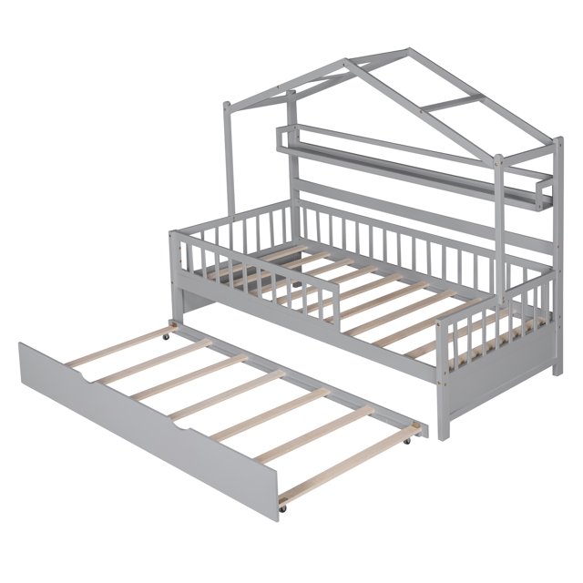 Aukfa Bed Frame with Trundle, Twin House Bed with Roof and Shelves