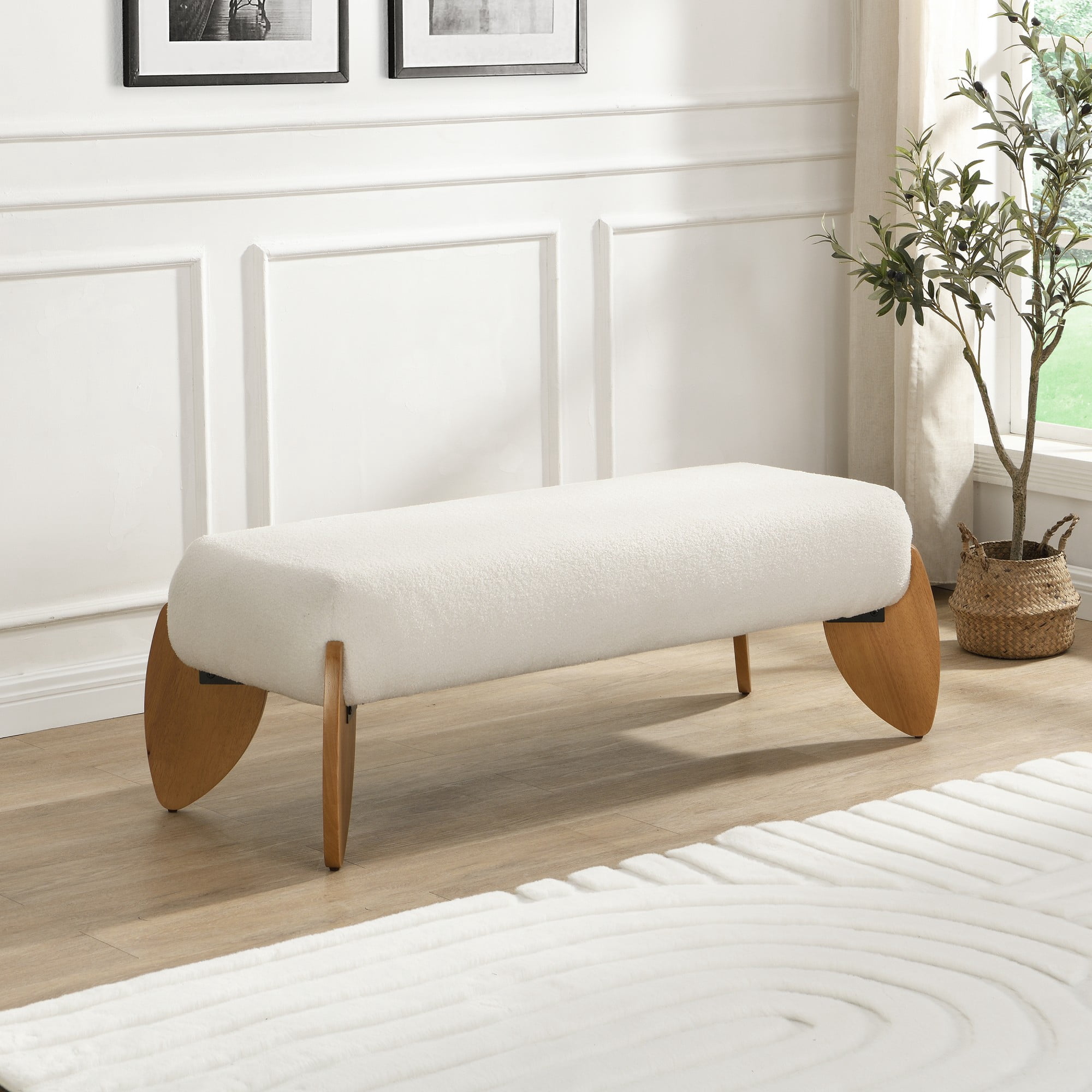 Aukfa Boucle Ottoman Bench with Wooden Legs, Upholstered Accent Bench for Living Room, Bedroom, or Hallway