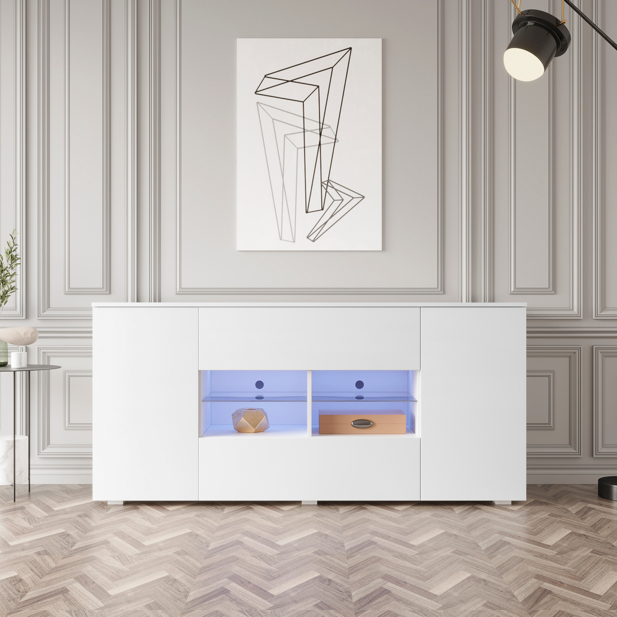 Aukfa Buffet High Gloss Kitchen Sideboard Cupboard with LED Lights, Modern Dining Room