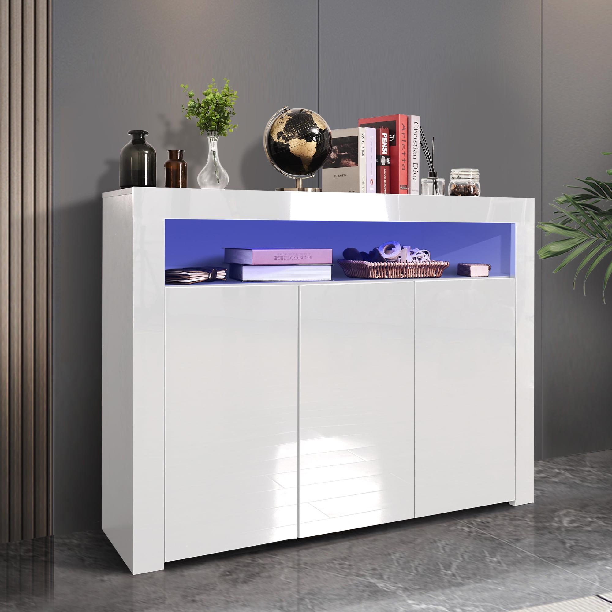 Aukfa Buffet High Gloss Kitchen Sideboard Cupboard with LED Lights, Modern Dining Room