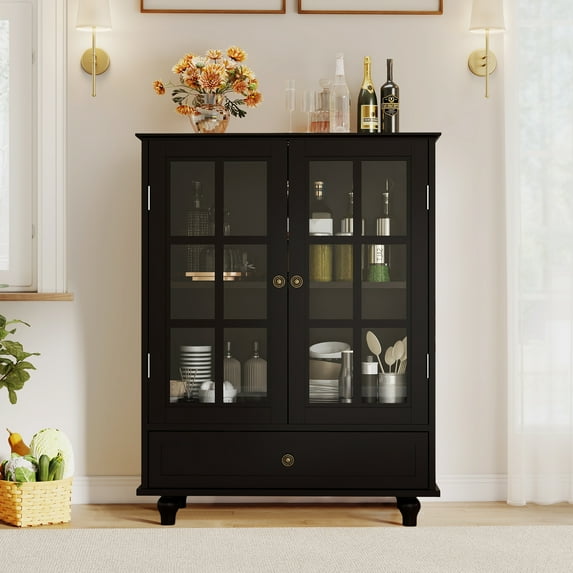 Aukfa Buffet Pantry Cabinet,2 Doors Wood Sideboard Storage Cabinet for Dining Room Hallway Entryway,Black