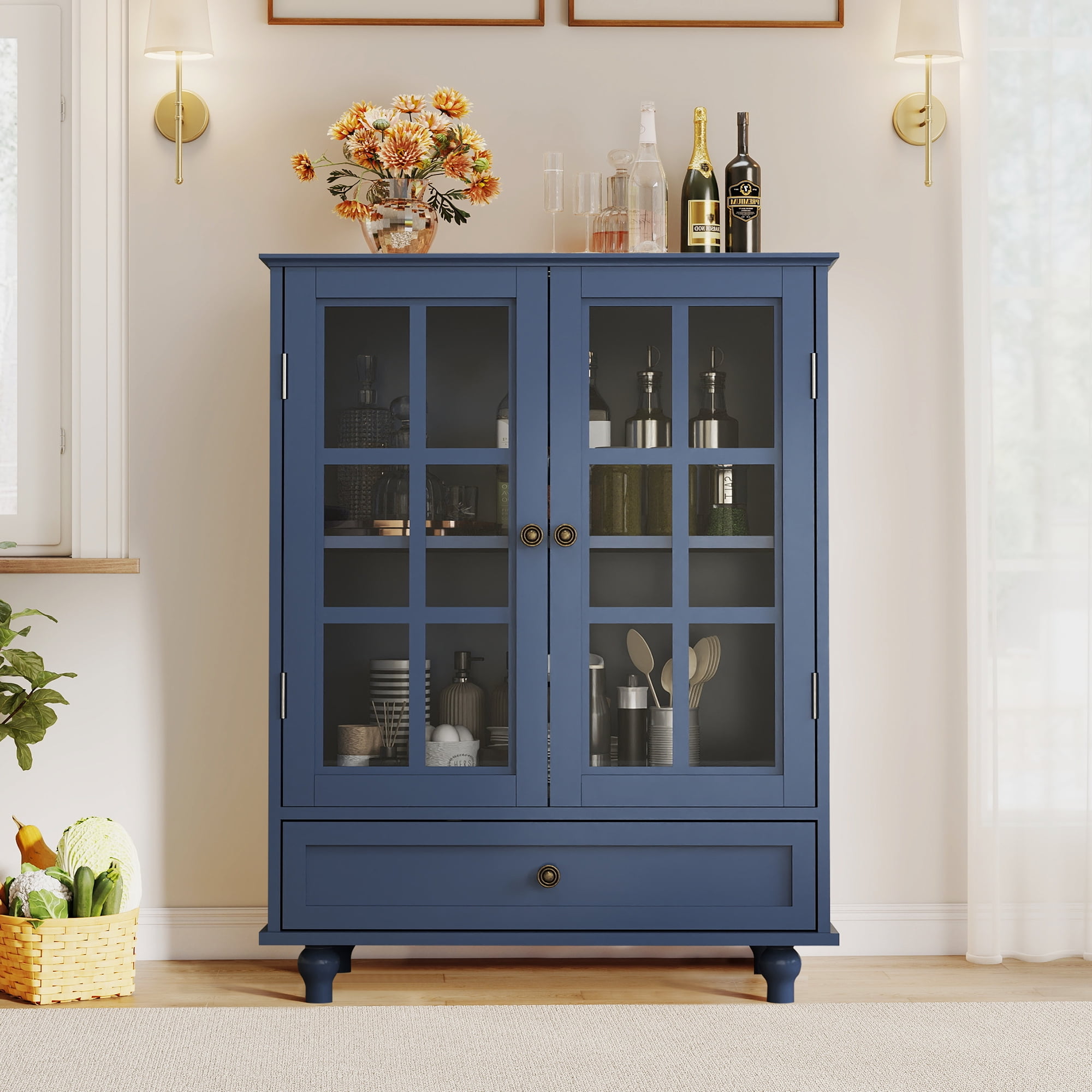 Aukfa Buffet Pantry Cabinet,2 Doors Wood Sideboard Storage Cabinet for Dining Room Hallway Entryway,Blue