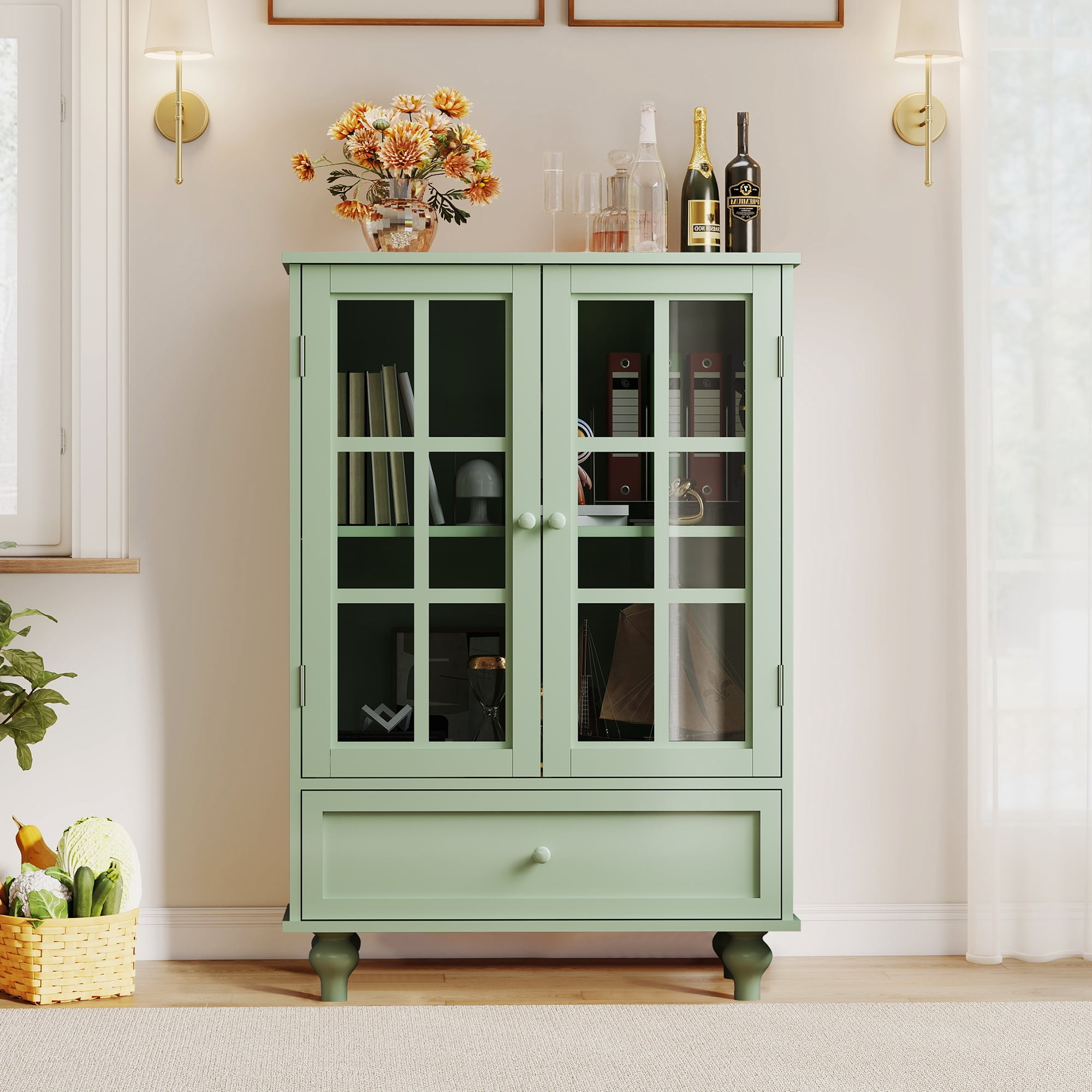 Aukfa Buffet Pantry Cabinet,2 Doors Wood Sideboard Storage Cabinet for Dining Room Hallway Entryway,Green