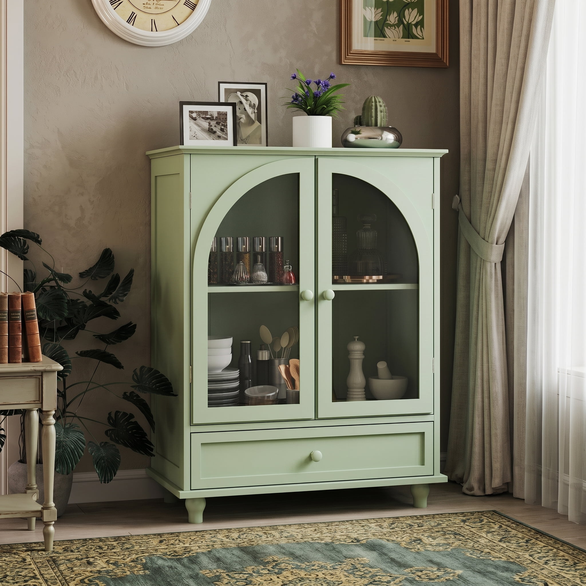 Aukfa Buffet Pantry Cabinet,Arched Glass Door Wood Sideboard Storage Cabinet for Dining Room Hallway Entryway,Green