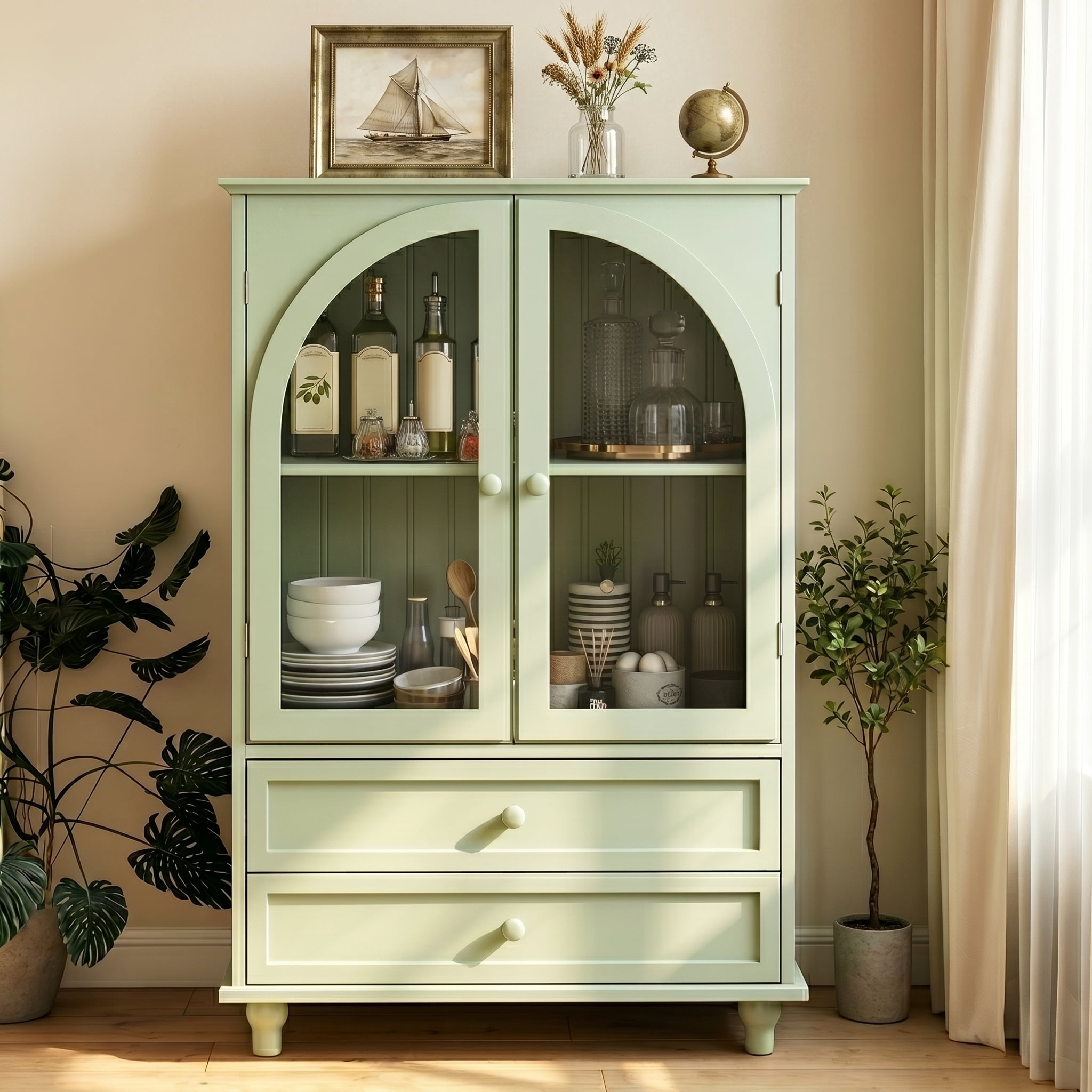 Aukfa Buffet Pantry Cabinet,Arched Glass Door Wood Sideboard Storage Cabinet for Dining Room Hallway Entryway,Green