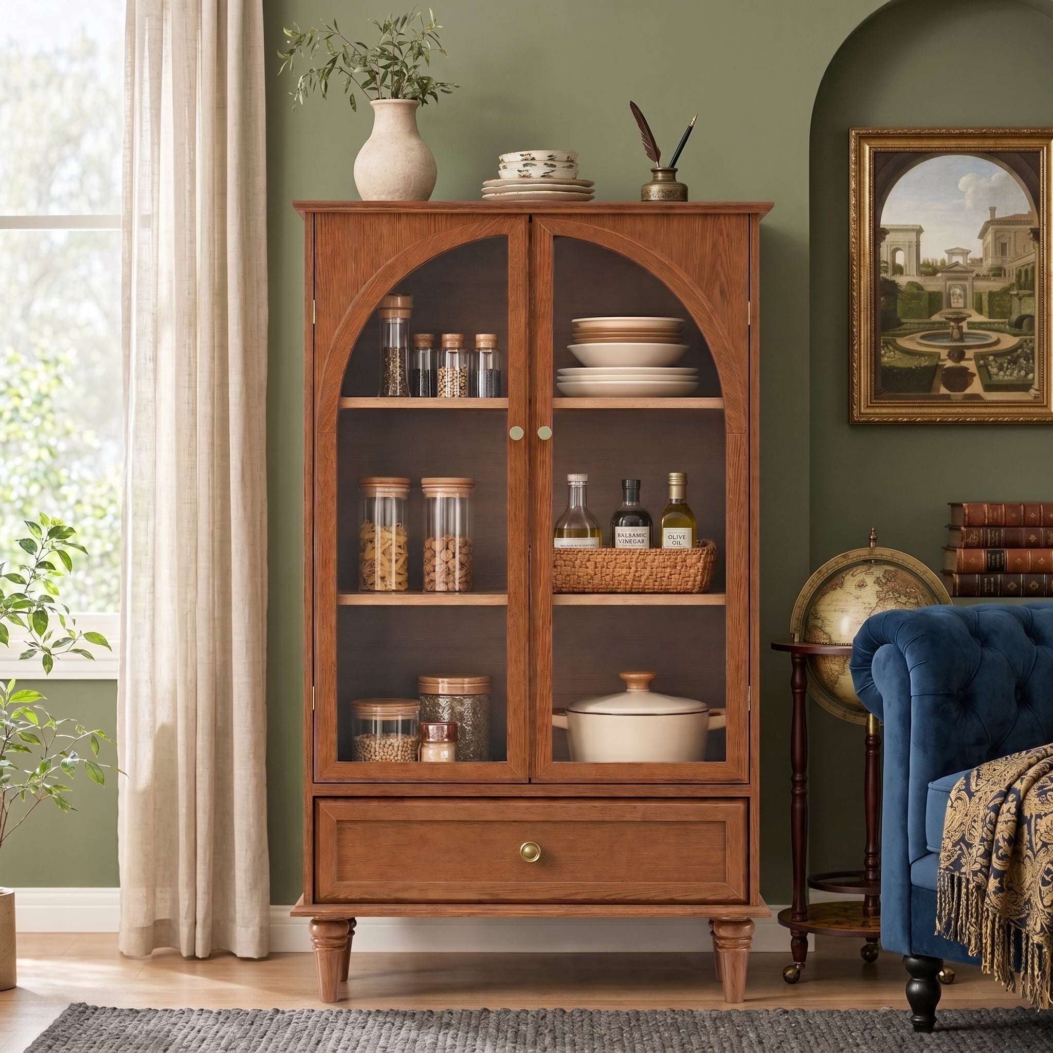 Aukfa Buffet Pantry Cabinet,Arched Glass Door Wood Sideboard Storage Cabinet for Dining Room Hallway Entryway,Walnut