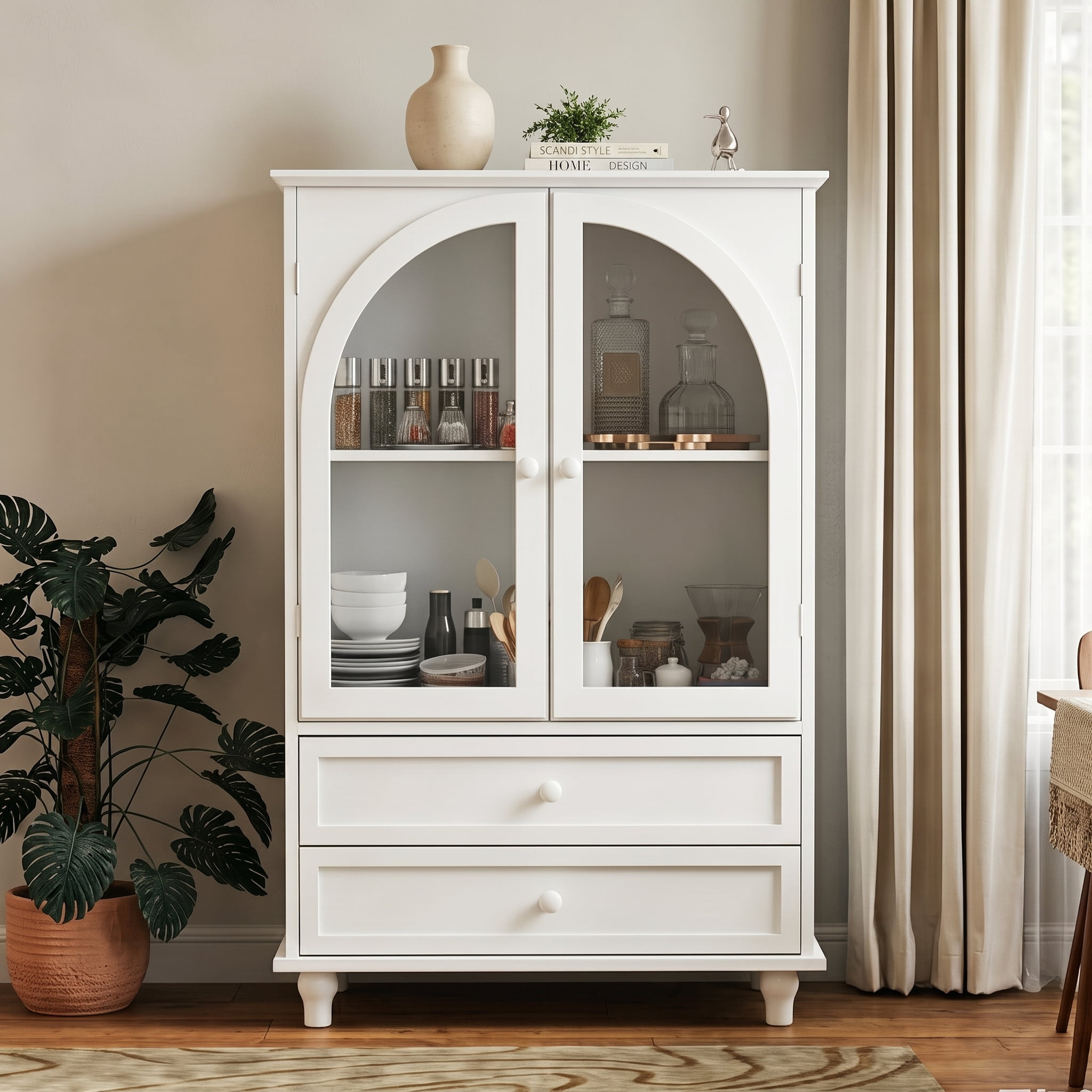 Aukfa Buffet Pantry Cabinet,Arched Glass Door Wood Sideboard Storage Cabinet for Dining Room Hallway Entryway,White