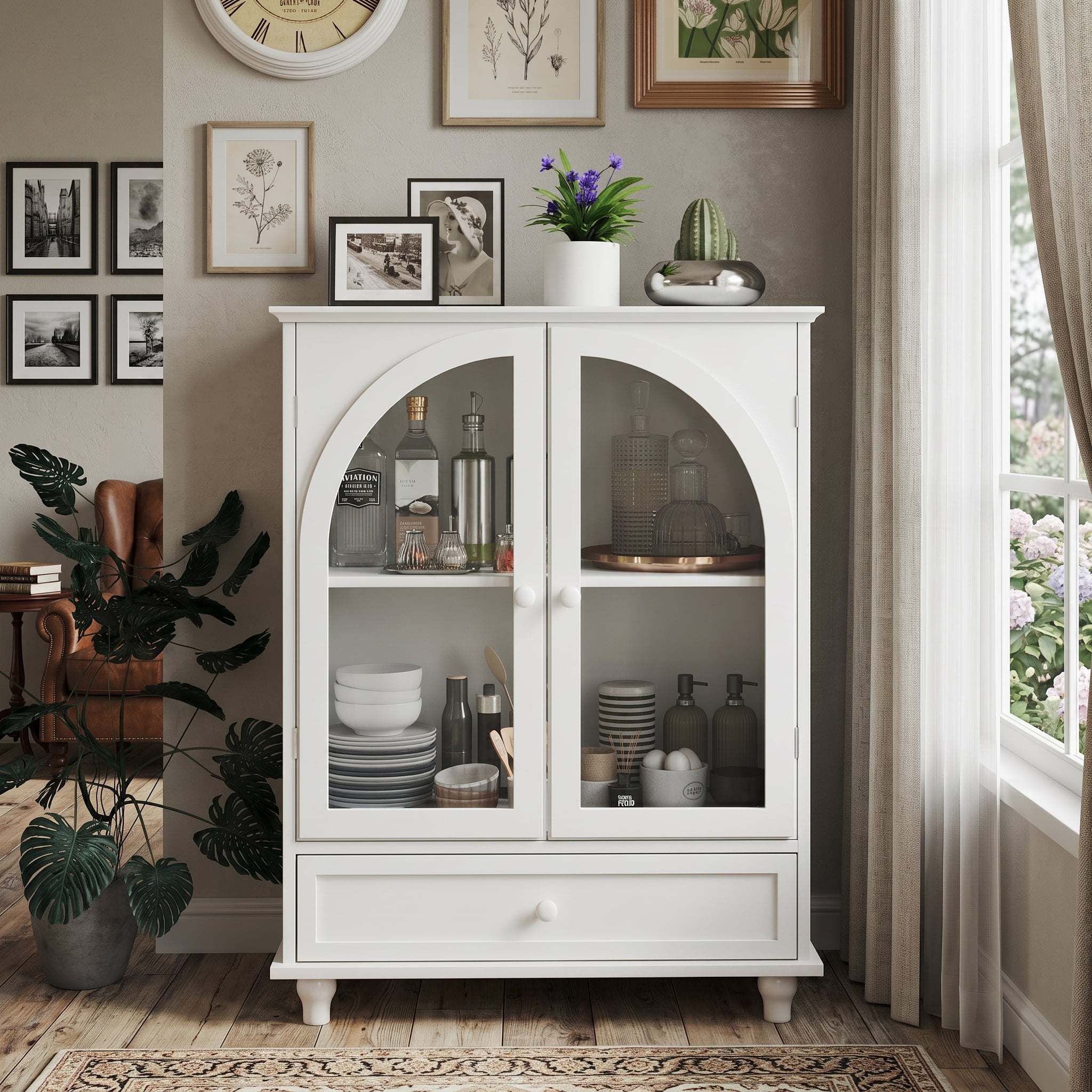 Aukfa Buffet Pantry Cabinet,Arched Glass Door Wood Sideboard Storage Cabinet for Dining Room Hallway Entryway,White