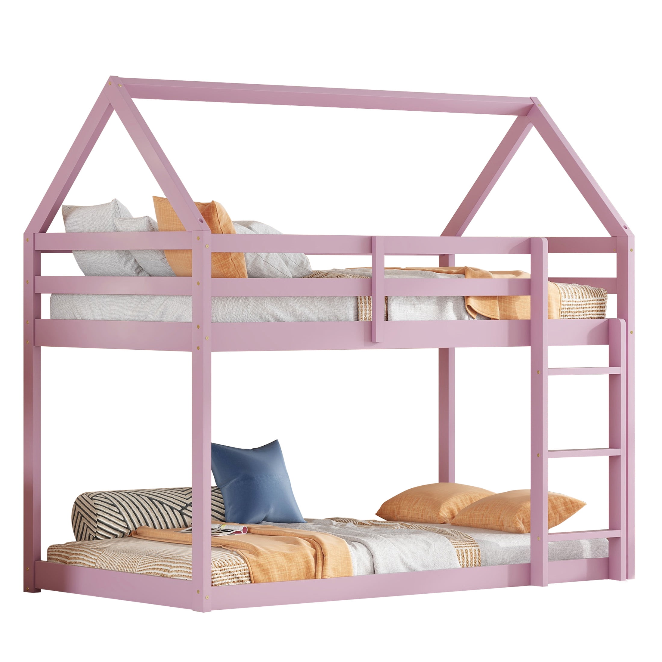 Aukfa Bunk Bed Twin Over Twin, Junior Wooden Floor House Bunk Bed Frame for Kids Boys Girls, Pink