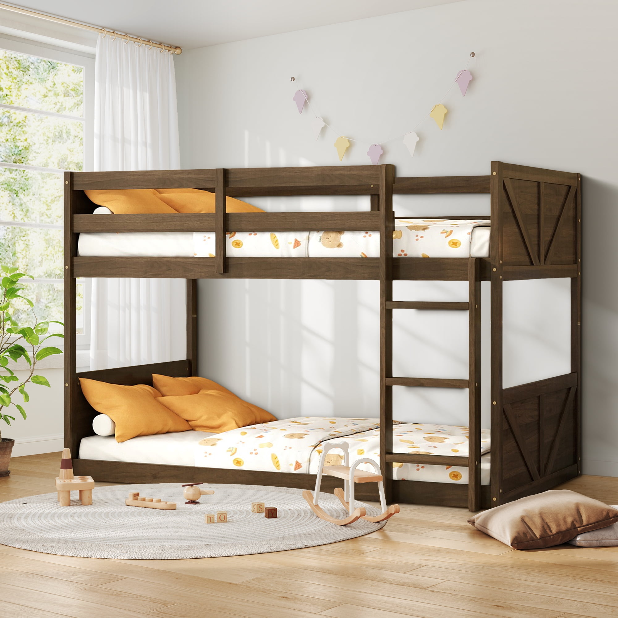 Aukfa Bunk Bed Twin over Twin, Heavy Duty Wood Bed Frame for Home/Dorm/Apartment, Brown