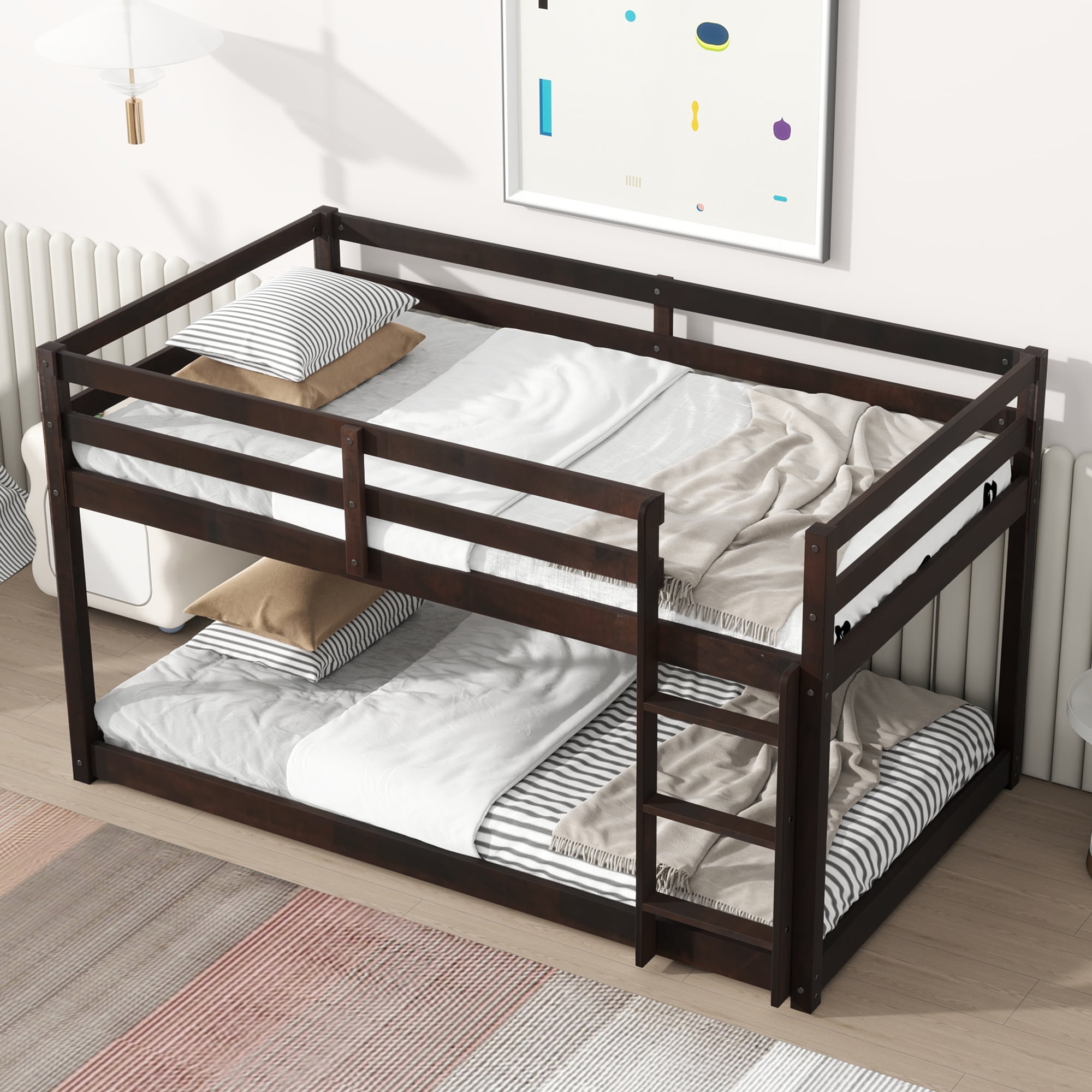 Aukfa Bunk Bed for Kids - Wood Bed Frame with Ladder - Twin over Twin - Espresso