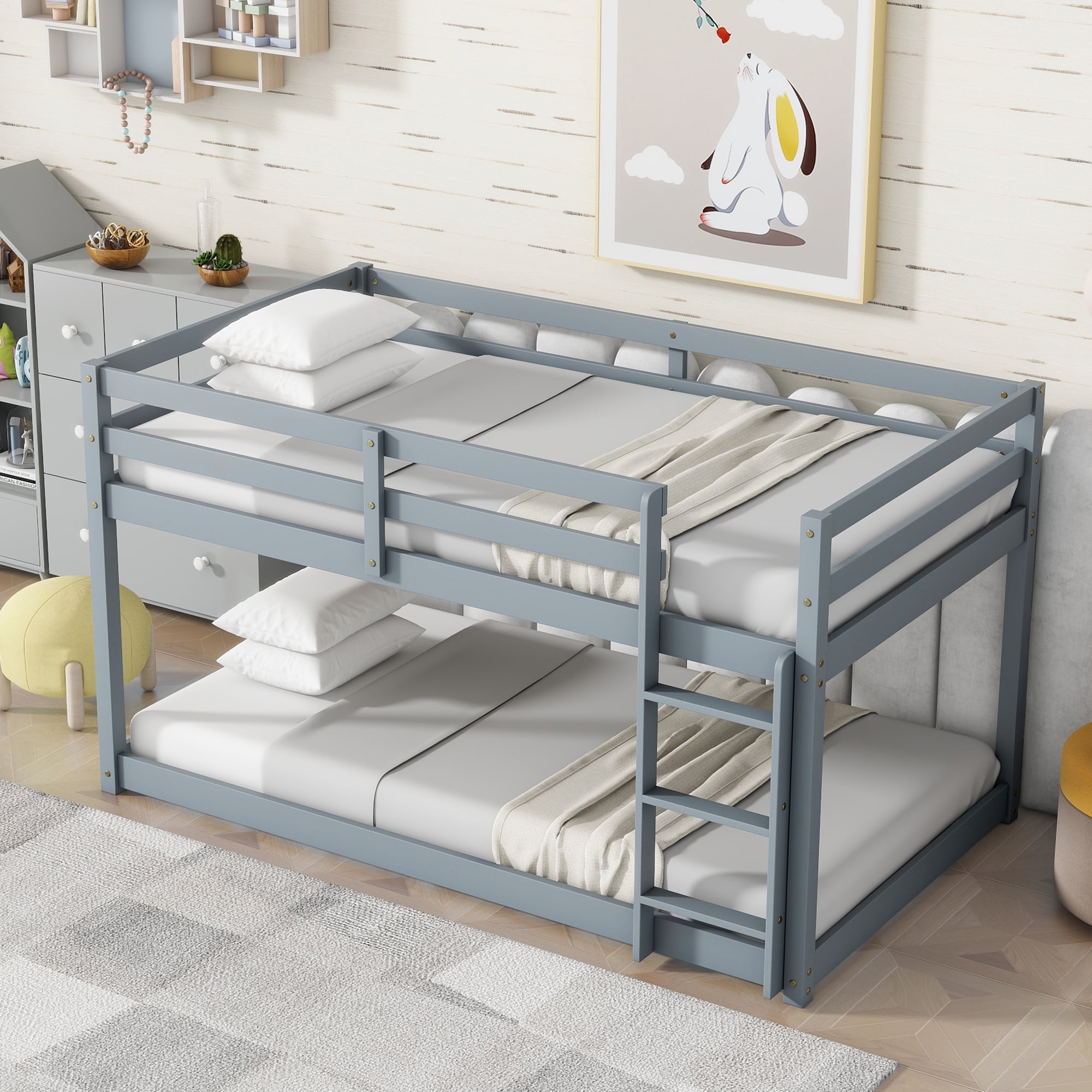 Aukfa Bunk Bed for Kids - Wood Bed Frame with Ladder - Twin over Twin - Gray