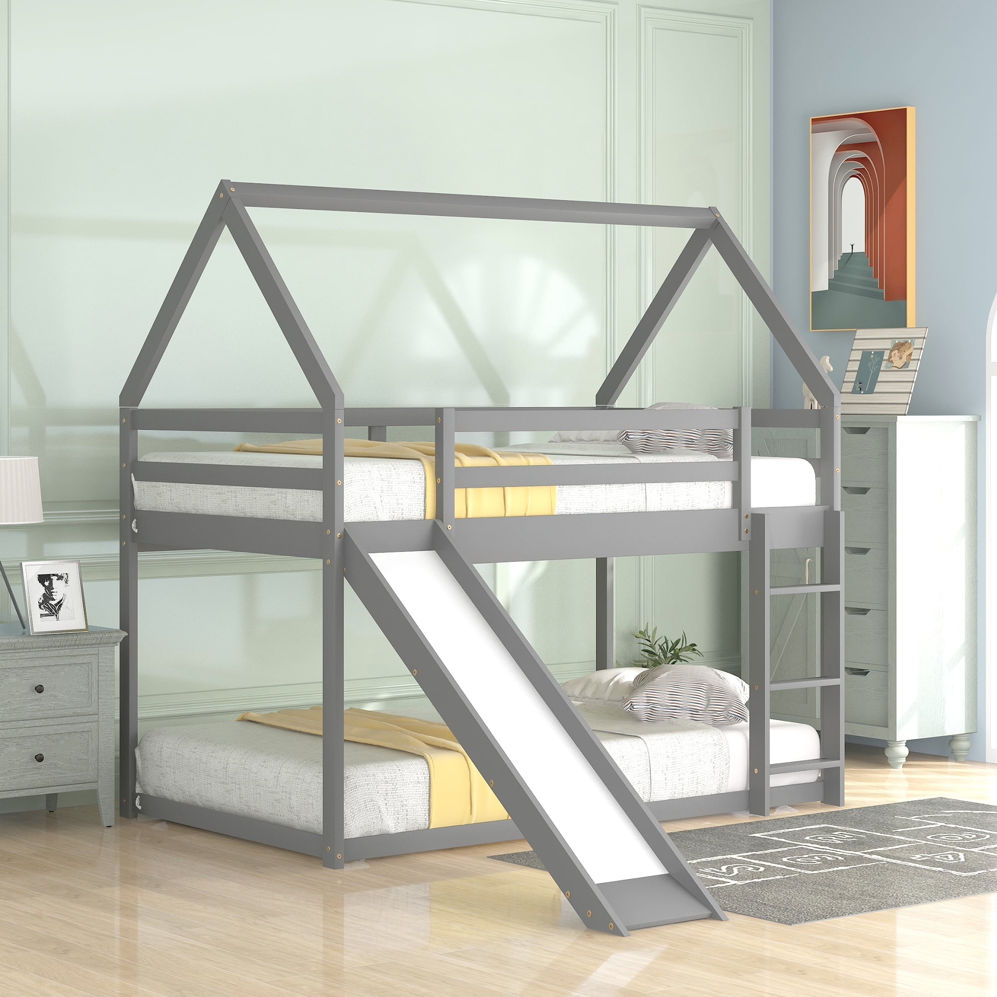 Aukfa Bunk Bed with Slide, Twin-over-Twin House Bed Frame for Kids - Gray