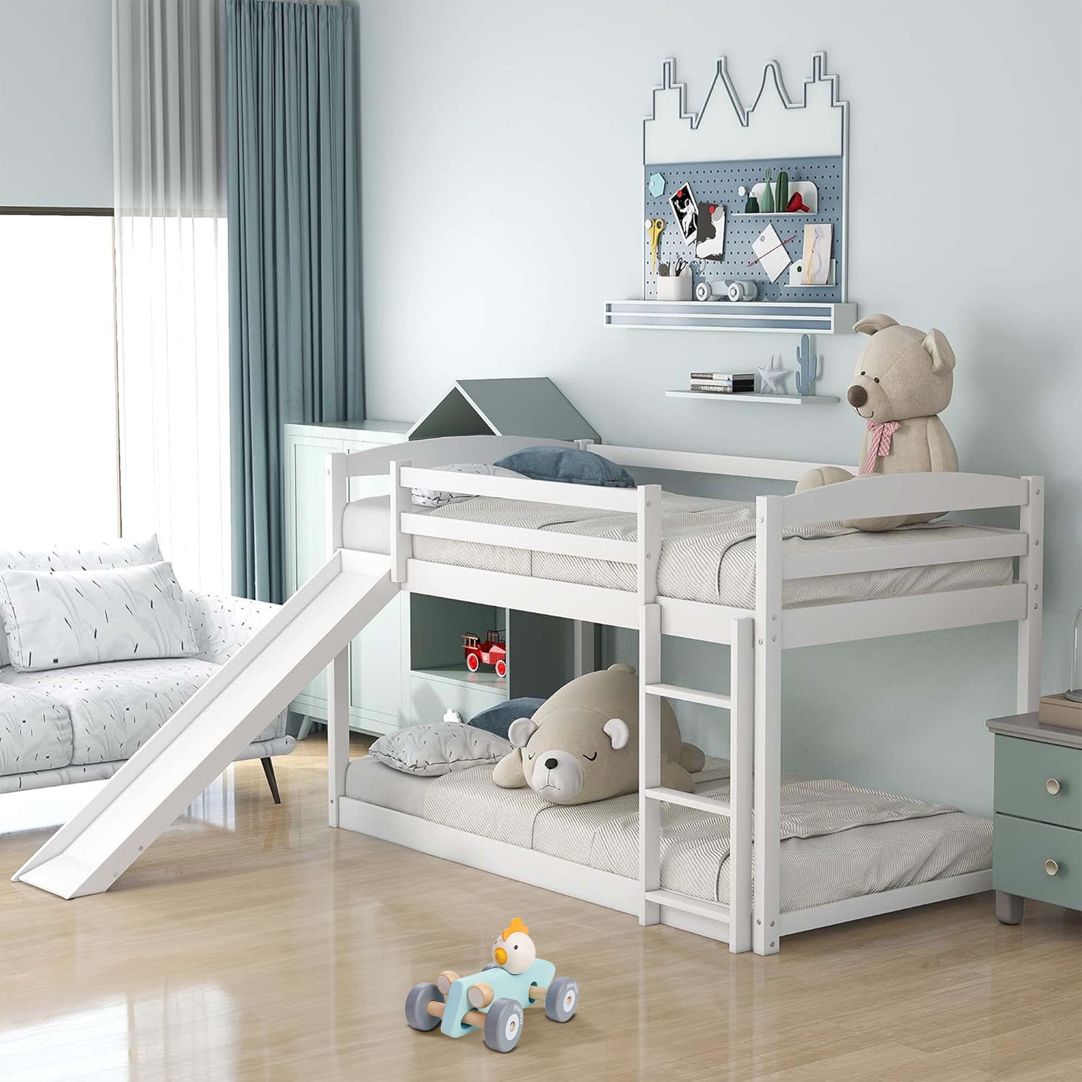 Aukfa Bunk Bed with Slide, Wood Twin-over-Twin floor Bunk Bed for Kids Bedroom, White