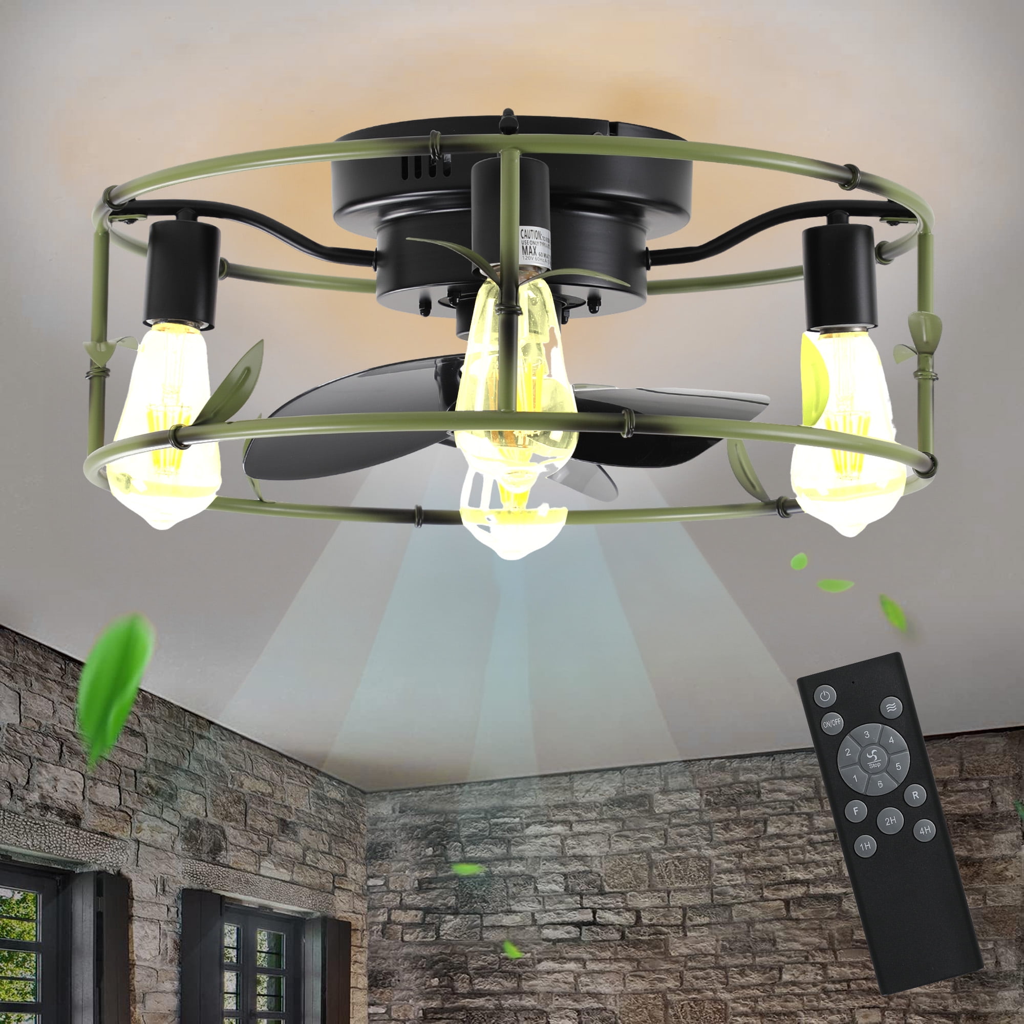 Aukfa Caged Ceiling Fans with Lights and Remote, 18.5" Low Profile Bladeless Caged Fan with 6 Speeds and Timing