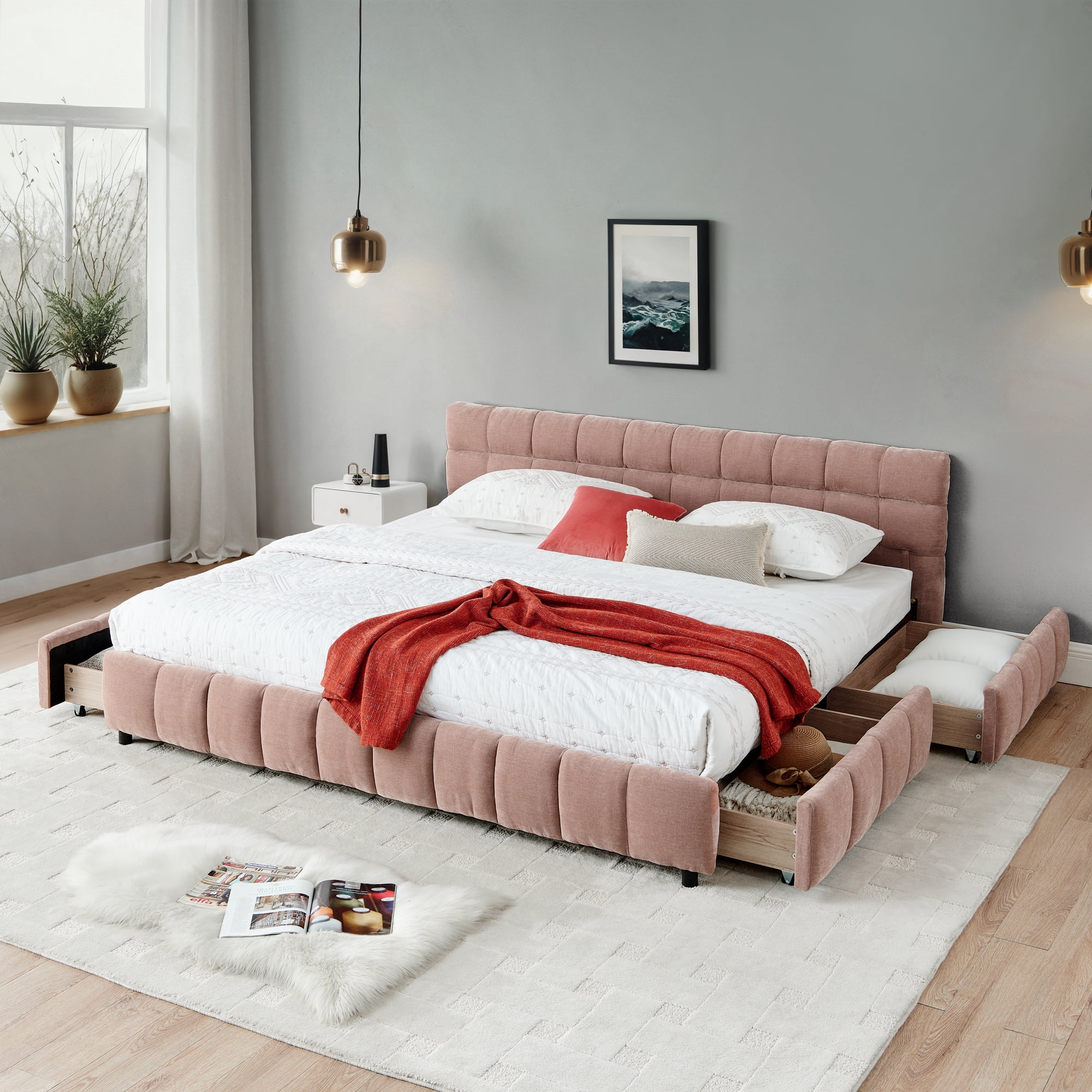 Aukfa California King Size Upholstered Bed Frame with 4 Storage Drawers, Chenille Fabric Platform Bed, Tufted Design, Pink