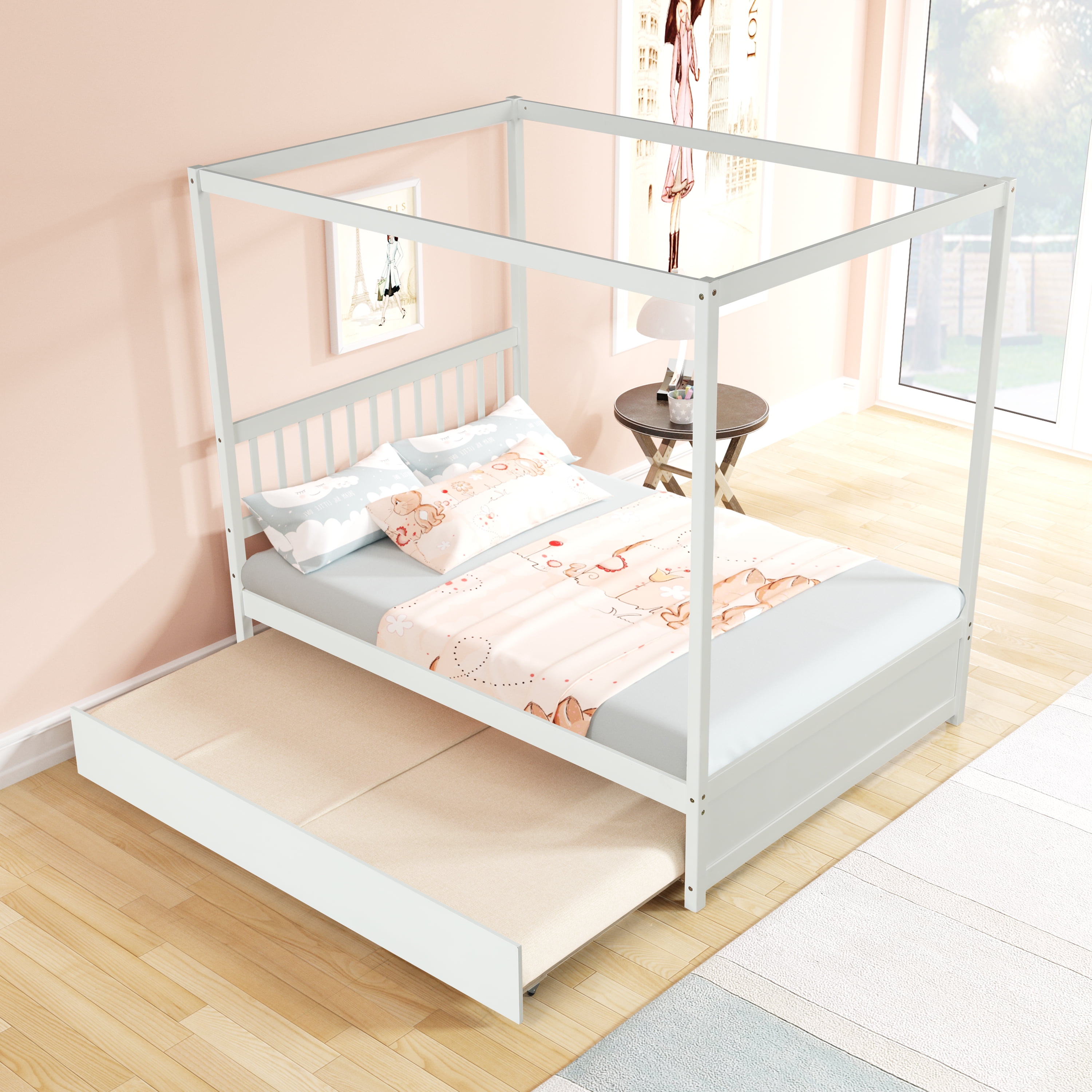 Aukfa Canopy Bed Full Size Platform Bed with Trundle, Solid Wood Bed Frame for Kids, Teens, Adults - White