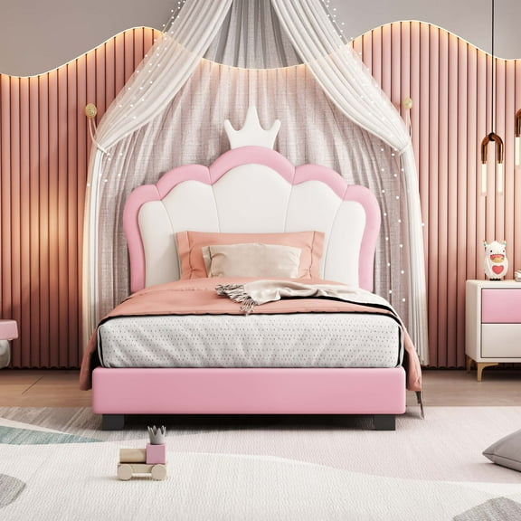 Aukfa Cartoon Kids Twin PU Leather Standard Beds, White/Pink