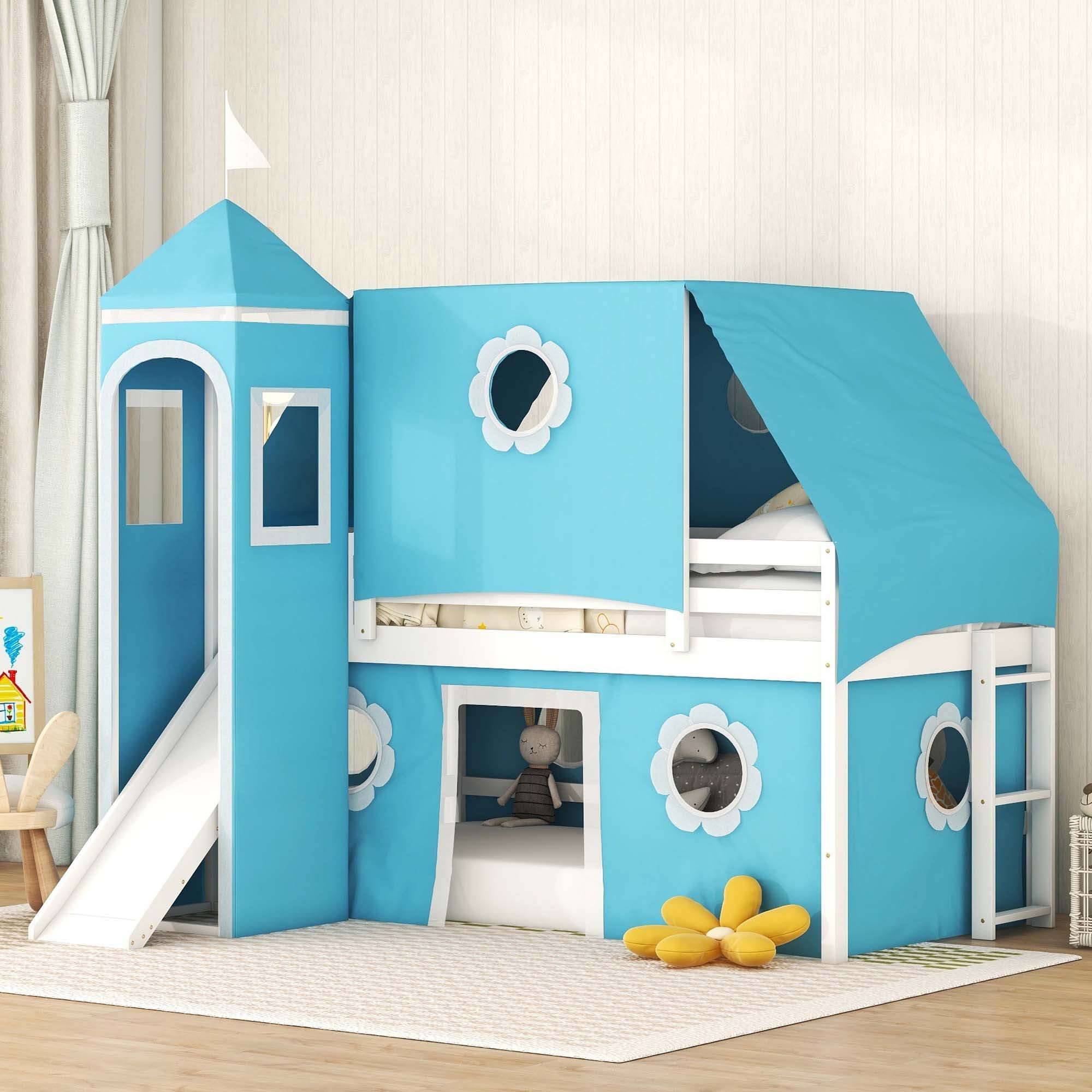 Free Shipping! Aukfa Castle Low Loft Bed with Slide and Blue