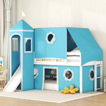 Aukfa Castle Low Loft Bed with Slide - Twin Bed Frame with Blue Tent and Tower for Kids - Blue